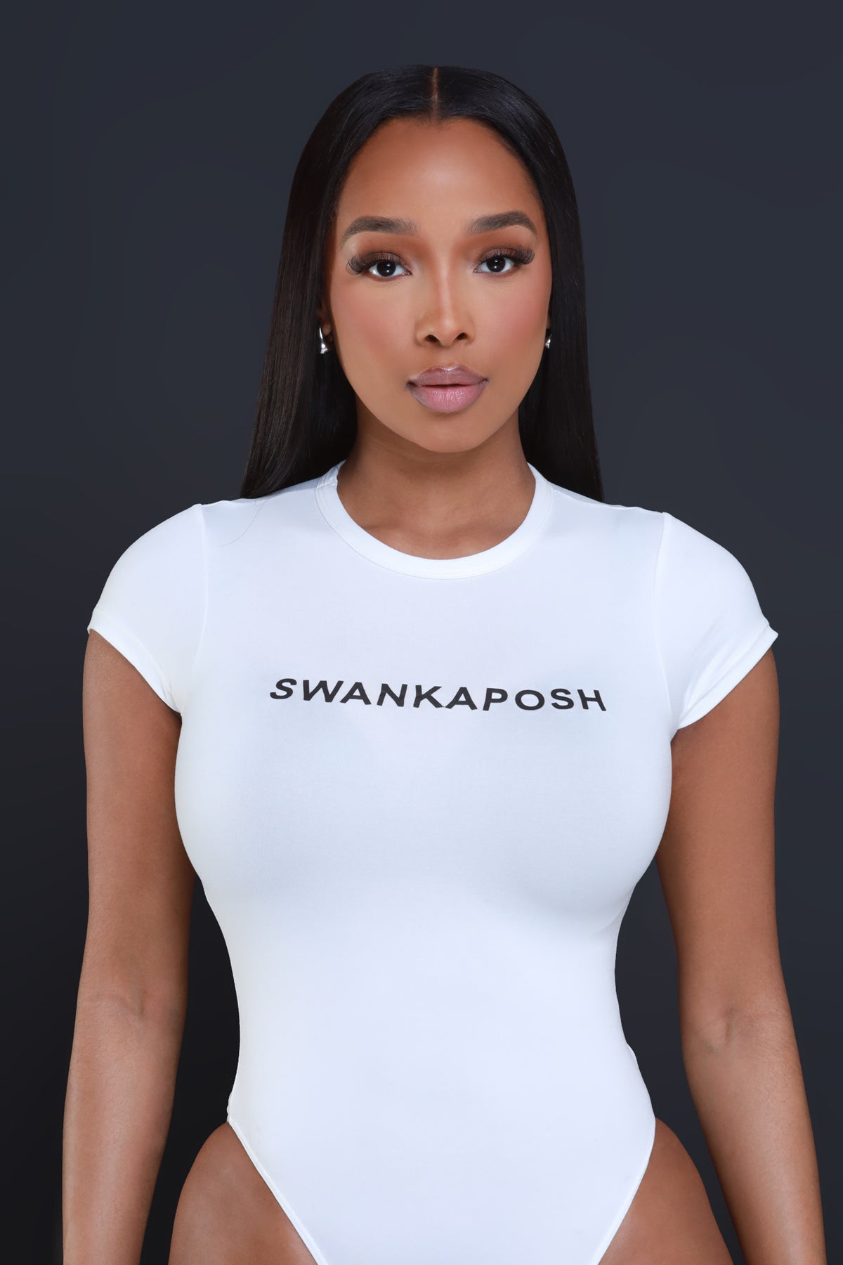 
              Swankaposh Logo Short Sleeve Bodysuit - White/Black - Swank A Posh
            