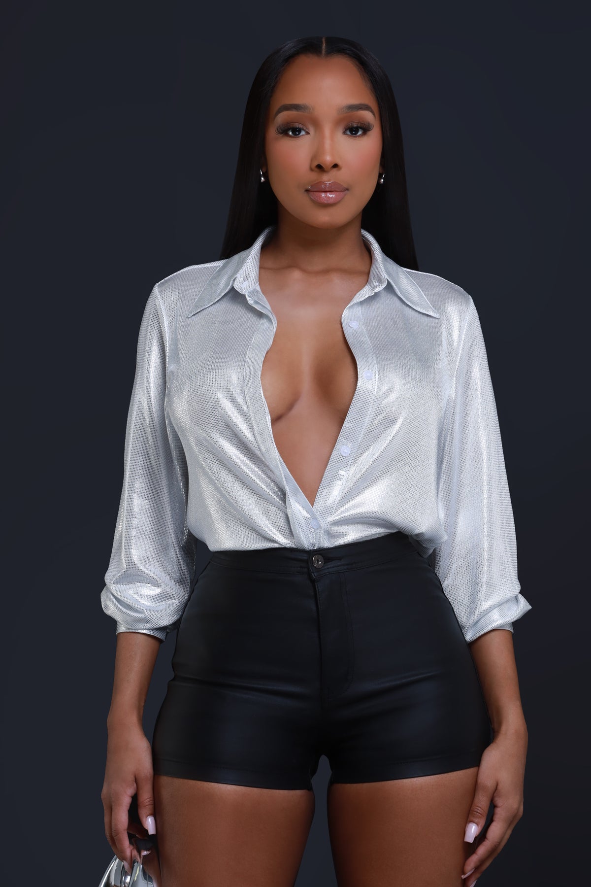
              Happy Ending Satin Button Up Top - Silver - Swank A Posh
            