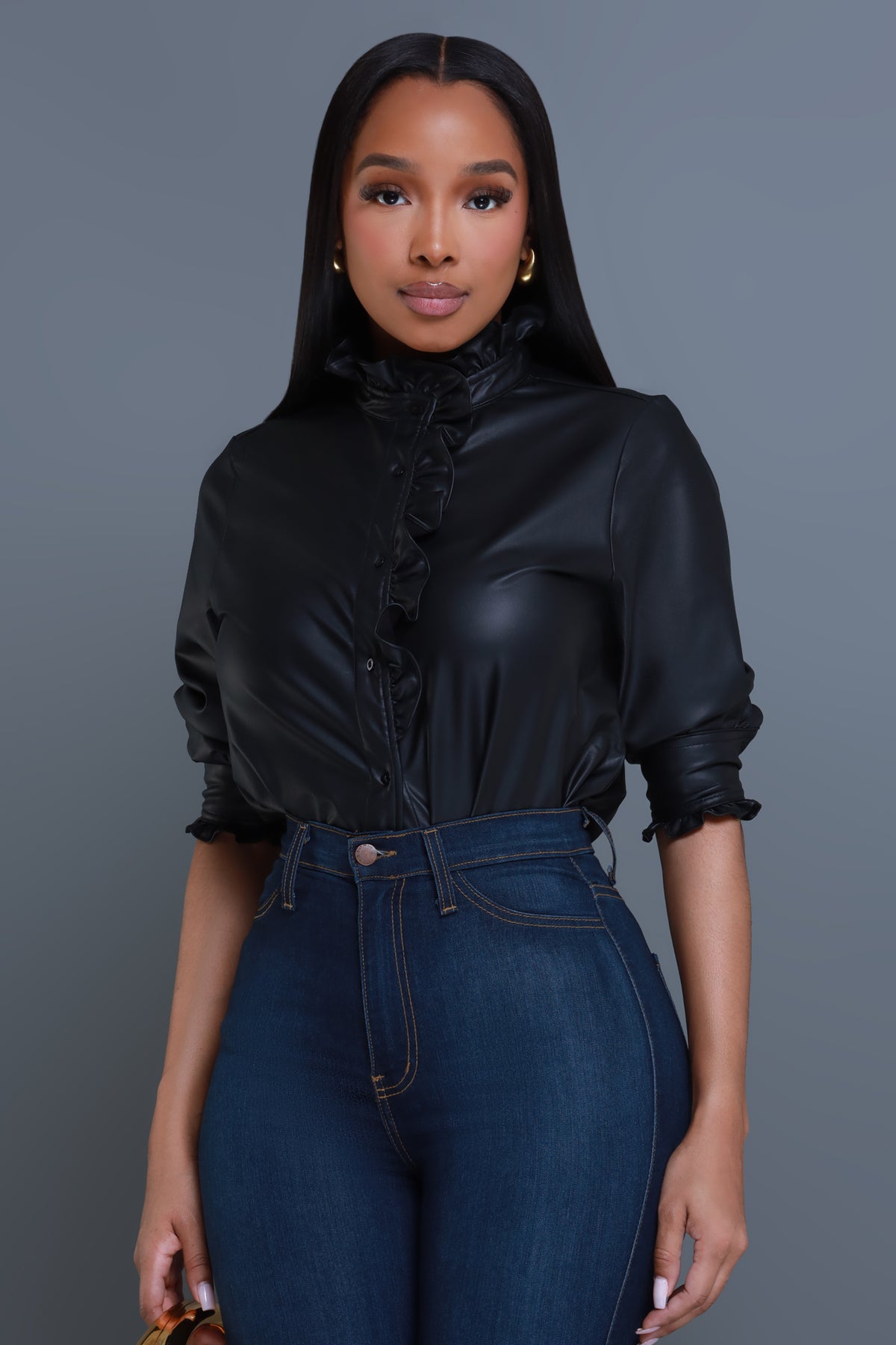 
              Zip Your Lip Faux Leather Ruffled Blouse - Black - Swank A Posh
            