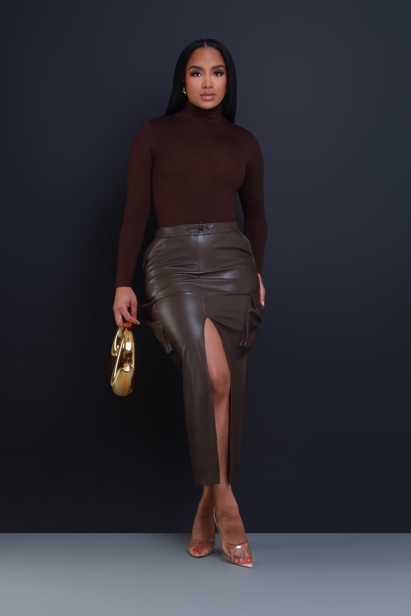 Once Again Faux Leather Cargo Skirt - Brown - Swank A Posh