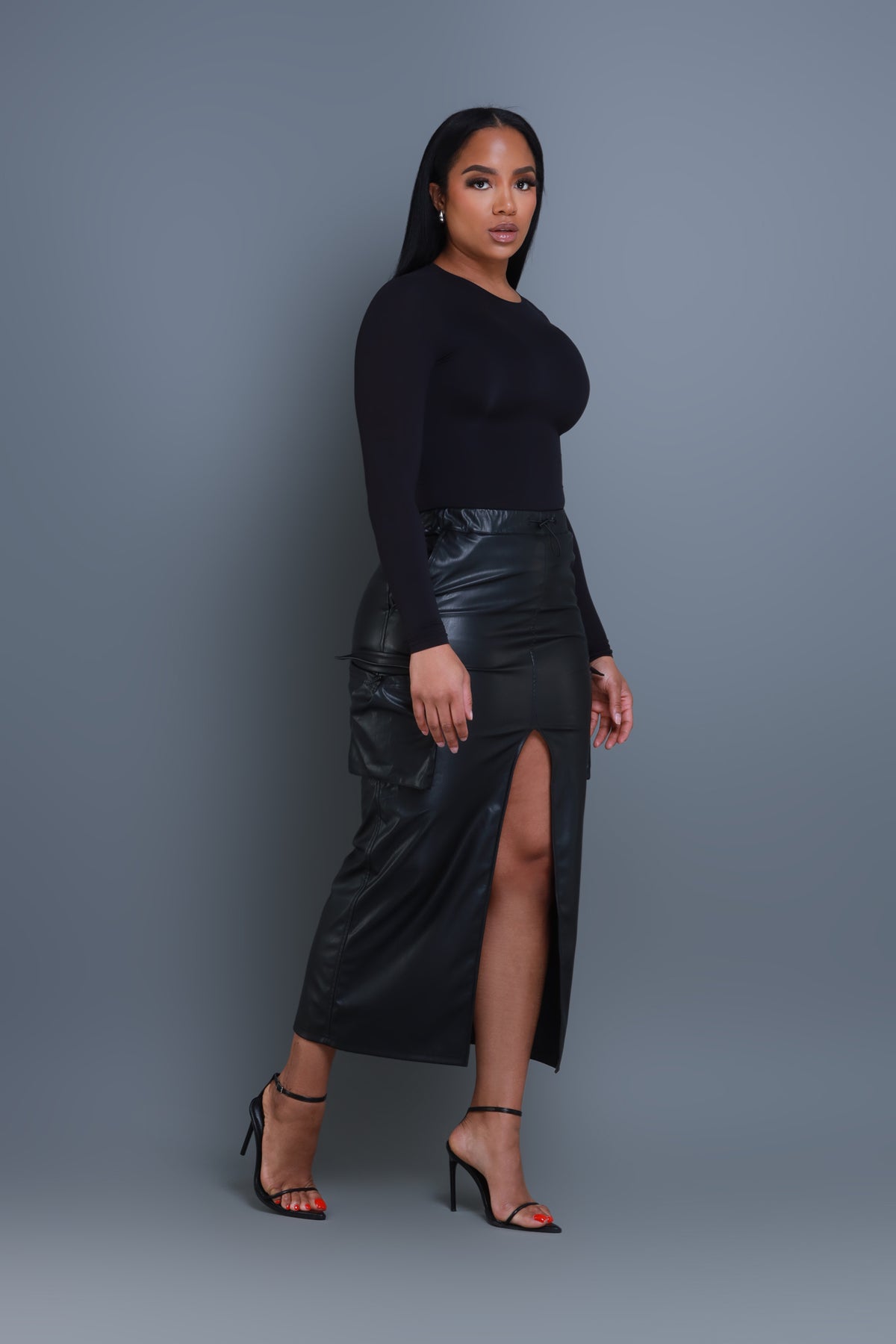 
              Once Again Faux Leather Cargo Skirt - Black - Swank A Posh
            