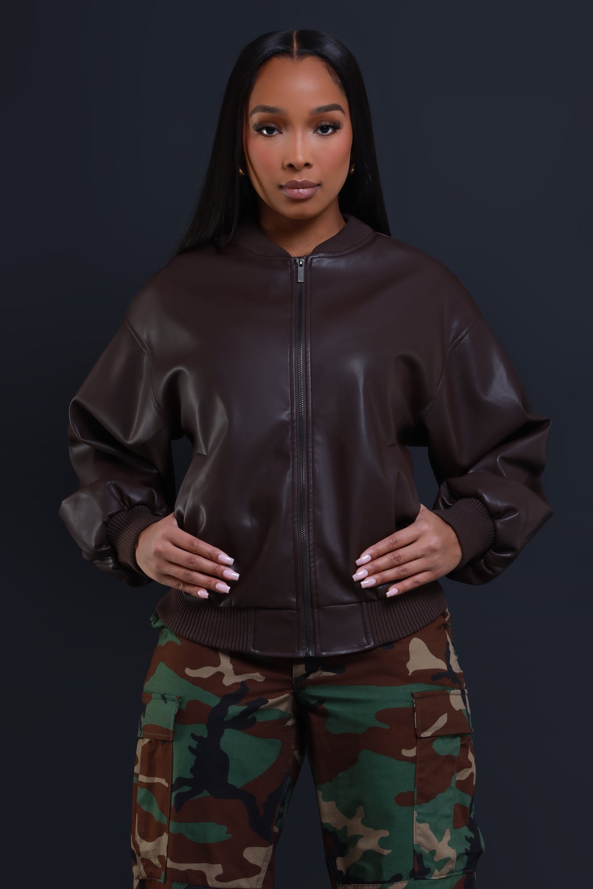 
              Drag Me Faux Leather Bomber Jacket - Brown - Swank A Posh
            