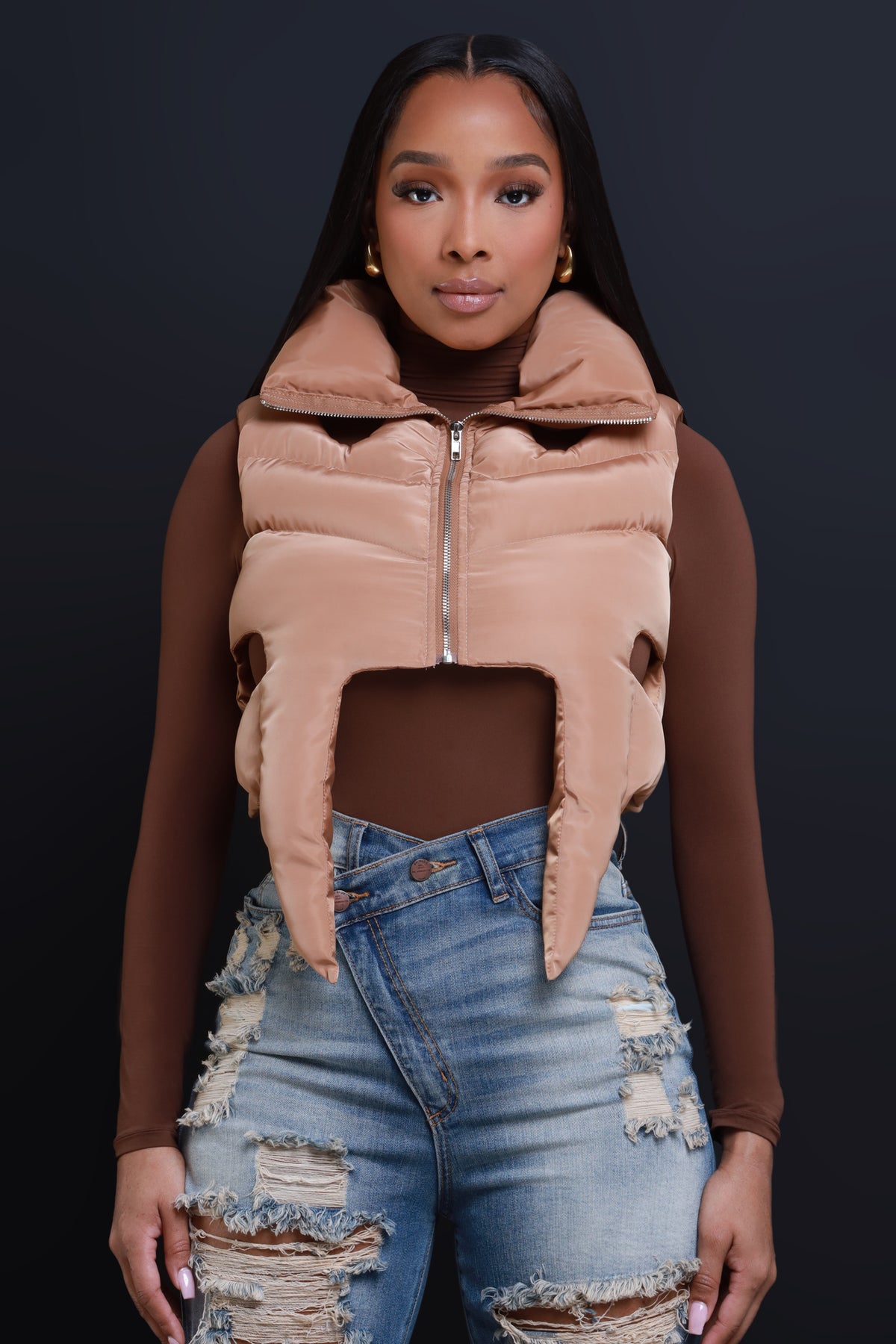 
              Girl Fight Cropped Cut Out Puffer Vest - Taupe - Swank A Posh
            