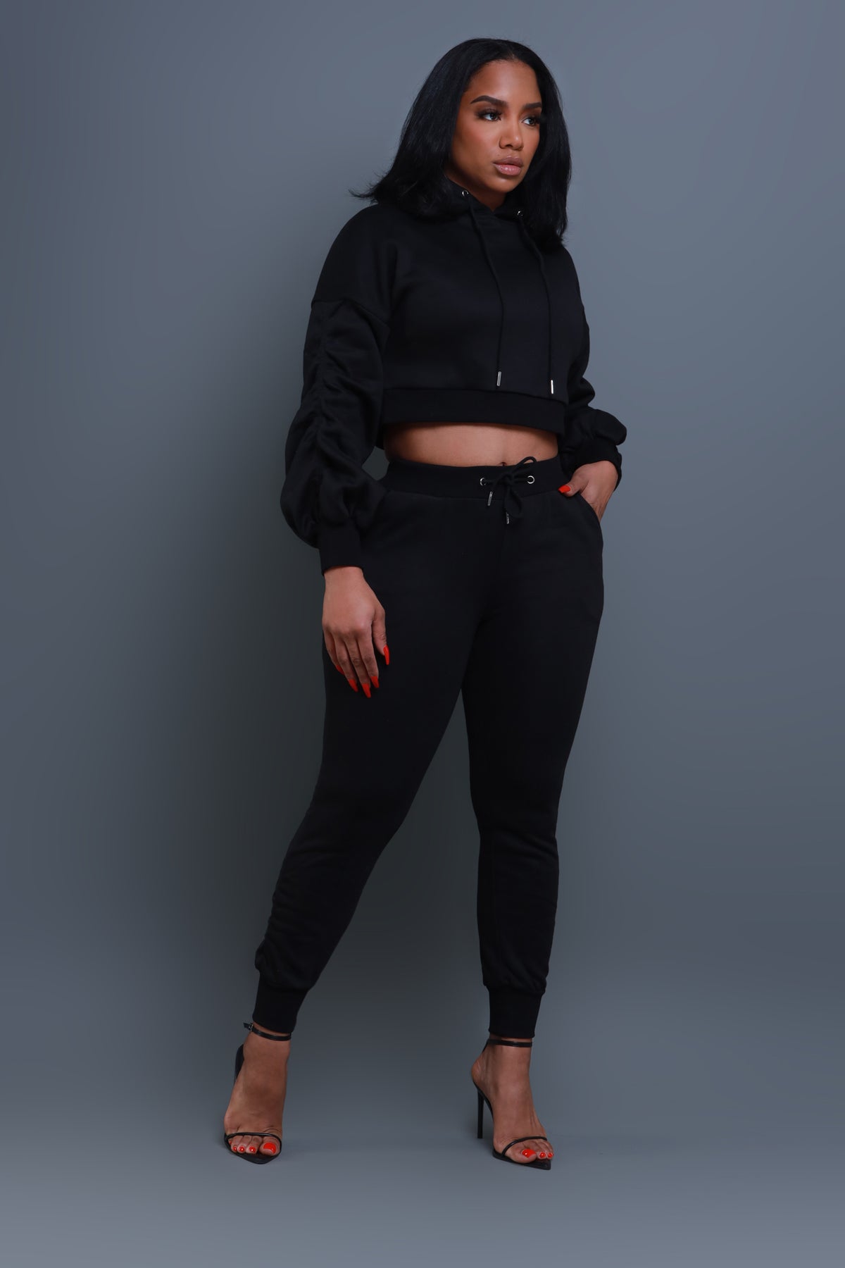 
              Who Said Ruched Hooded Jogger Set - Black - Swank A Posh
            