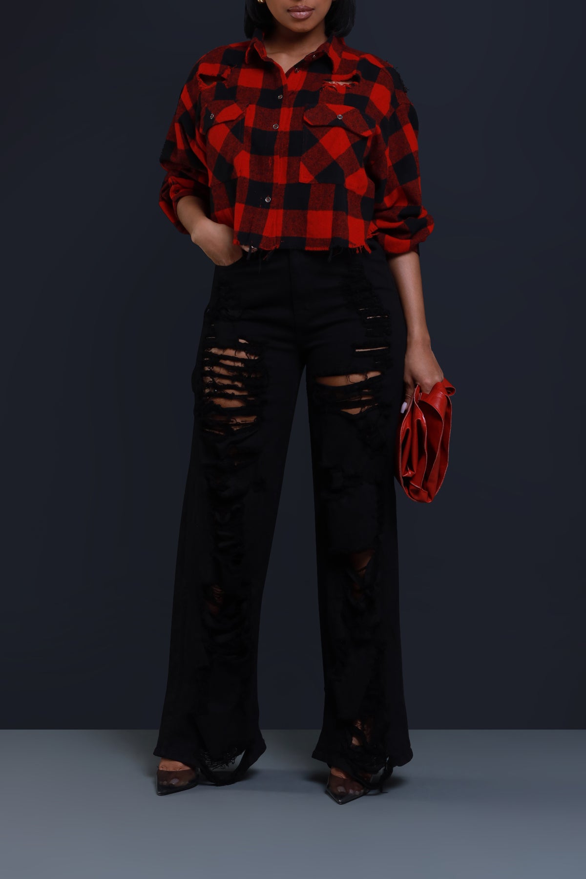 
              Wish You Were Here Cropped Flannel Button Up - Red/Black - Swank A Posh
            