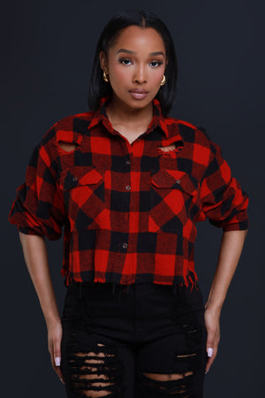 Wish You Were Here Cropped Flannel Button Up - Red/Black