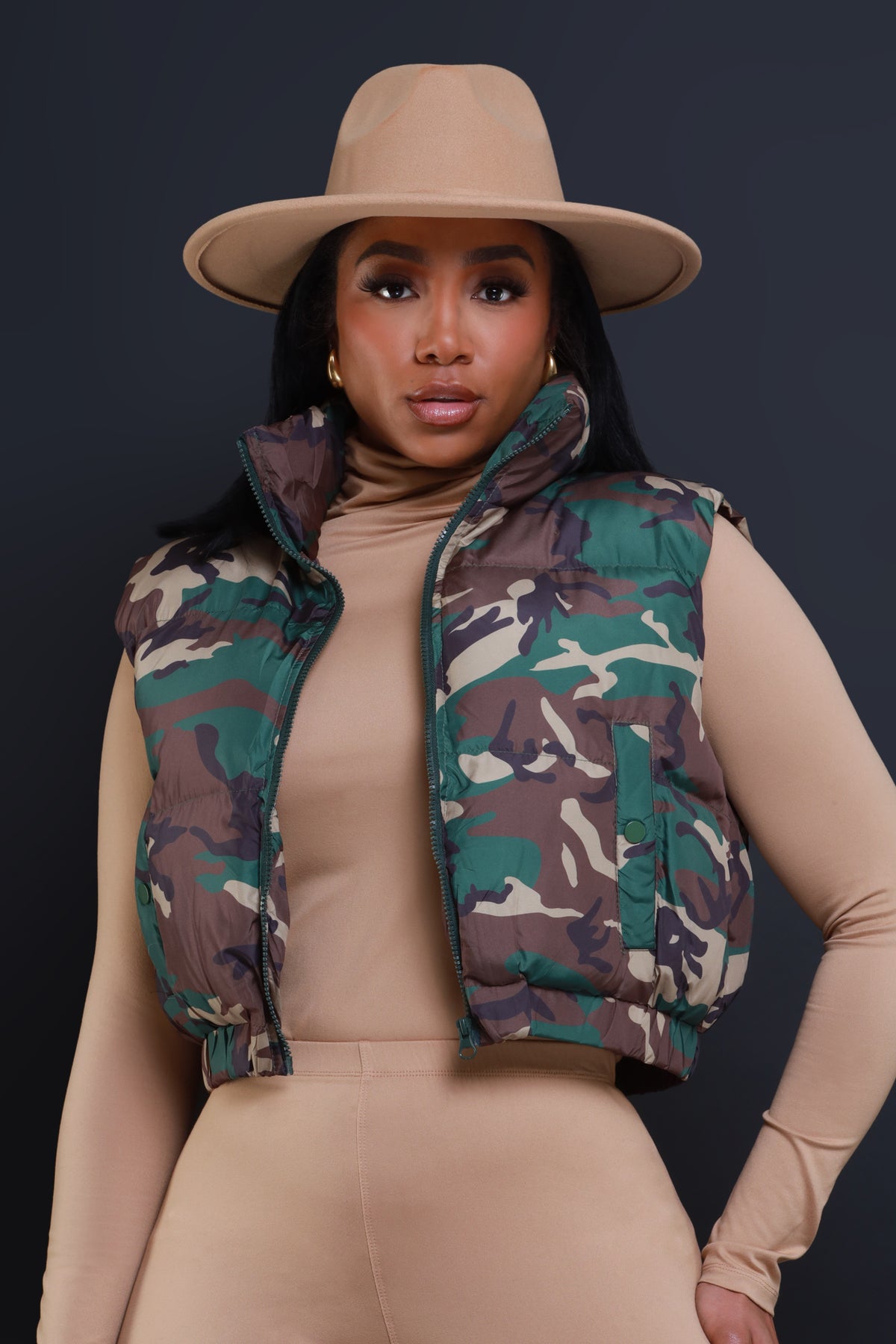 
              Give It A Go Sleeveless Camo Puffer Vest - Olive - Swank A Posh
            