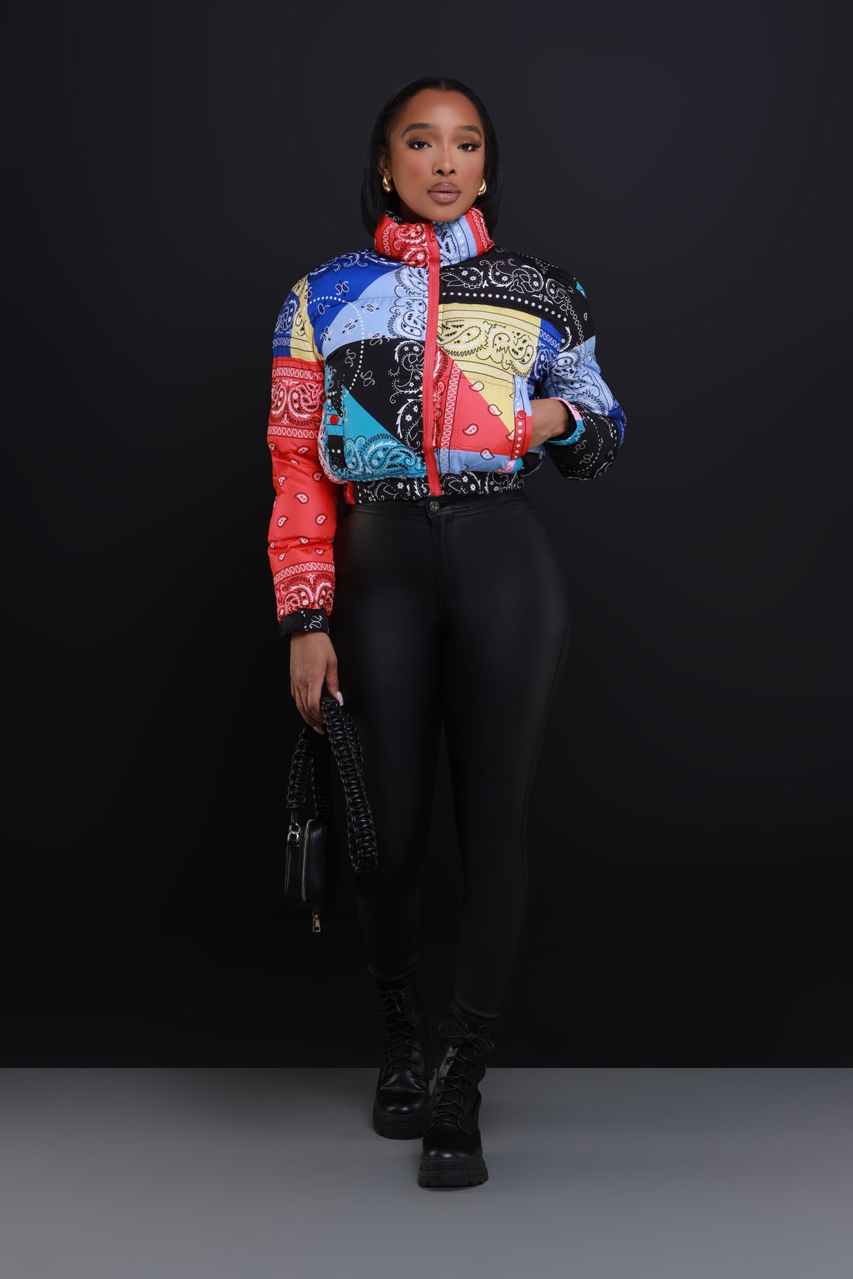 
              Patch Me In Cropped Puffer Jacket - Black Multicolor - Swank A Posh
            