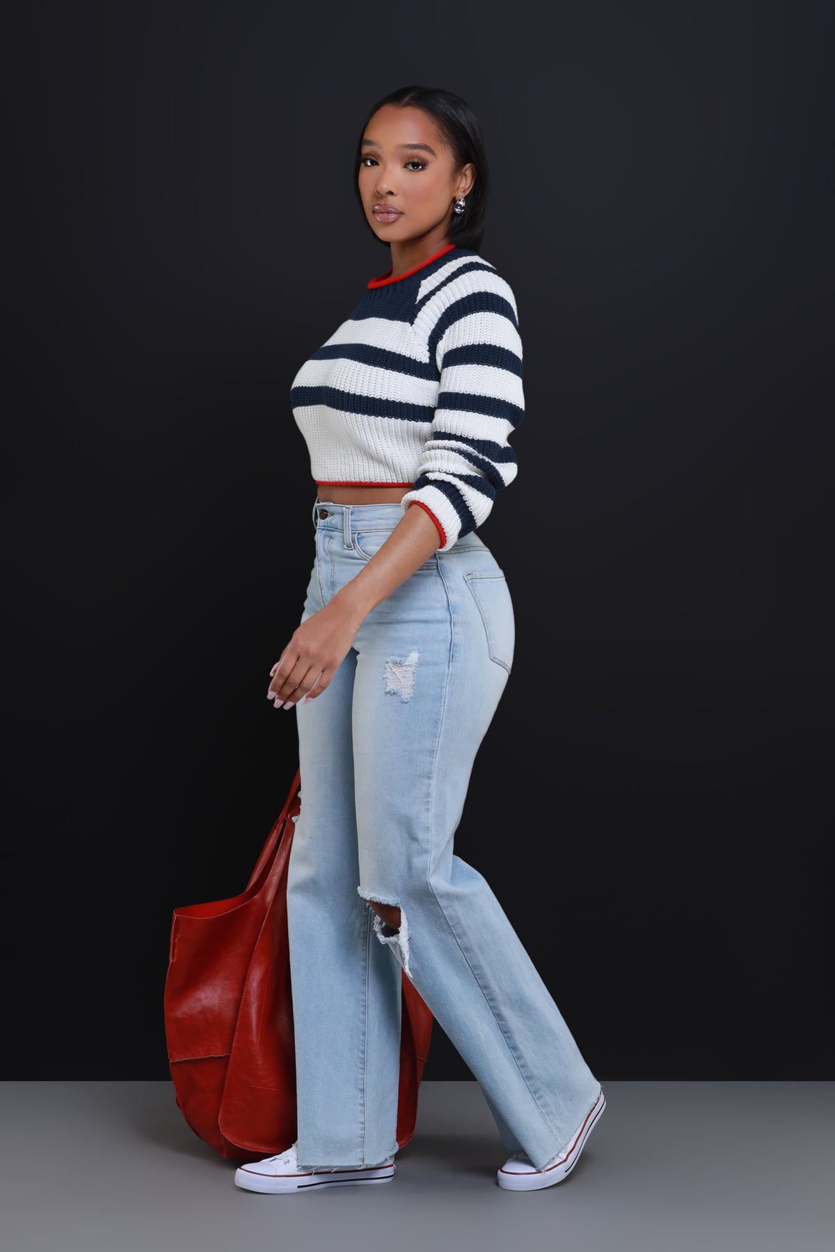
              Back To Me Open Back Cropped Sweater - Navy/White - Swank A Posh
            