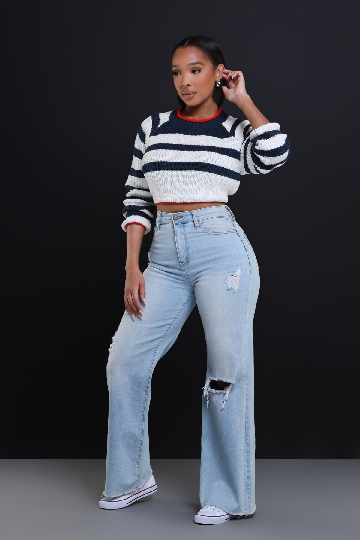 
              Back To Me Open Back Cropped Sweater - Navy/White - Swank A Posh
            