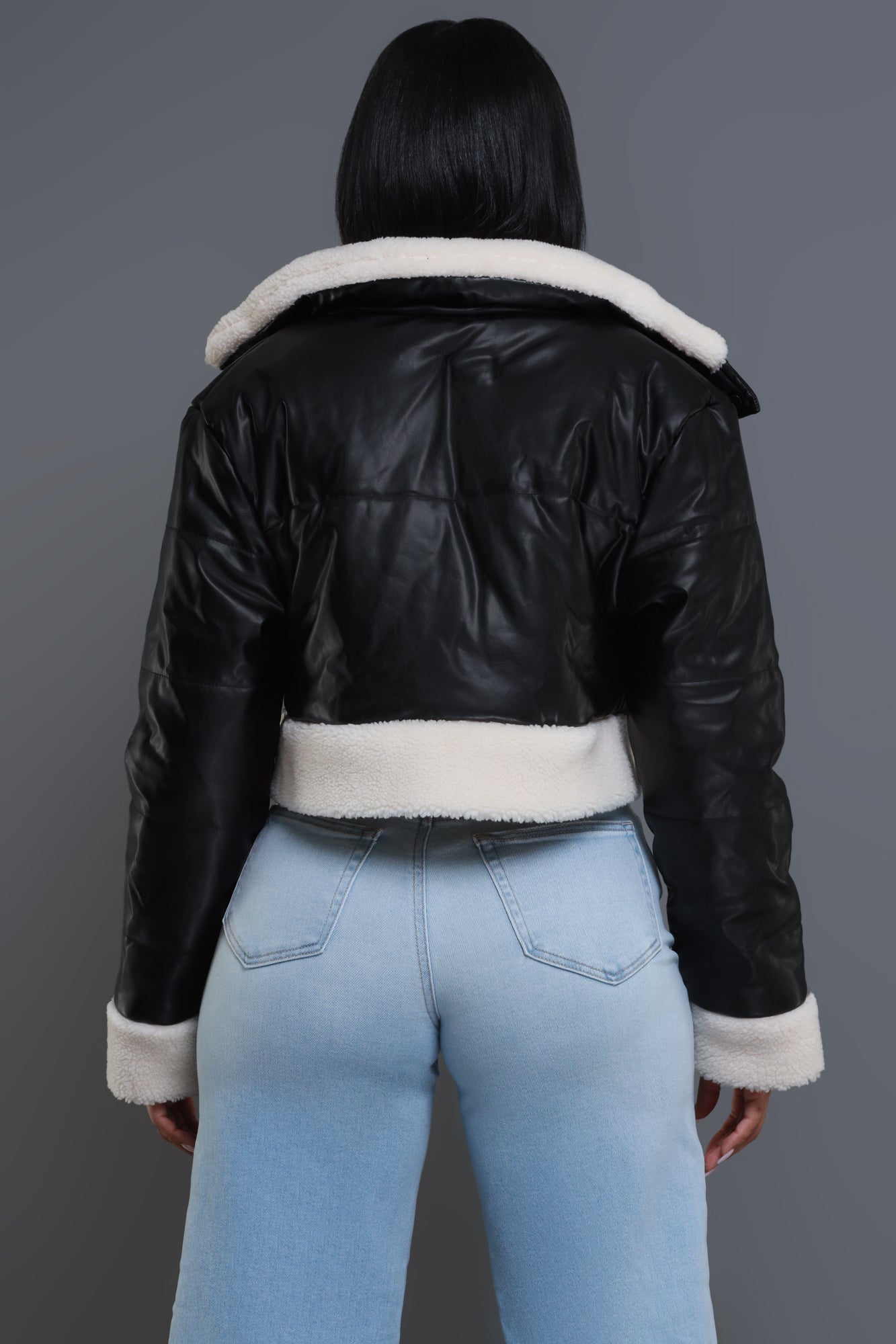Be Still Cropped Faux Leather Sherpa Jacket - Black/Ivory - Swank A Posh