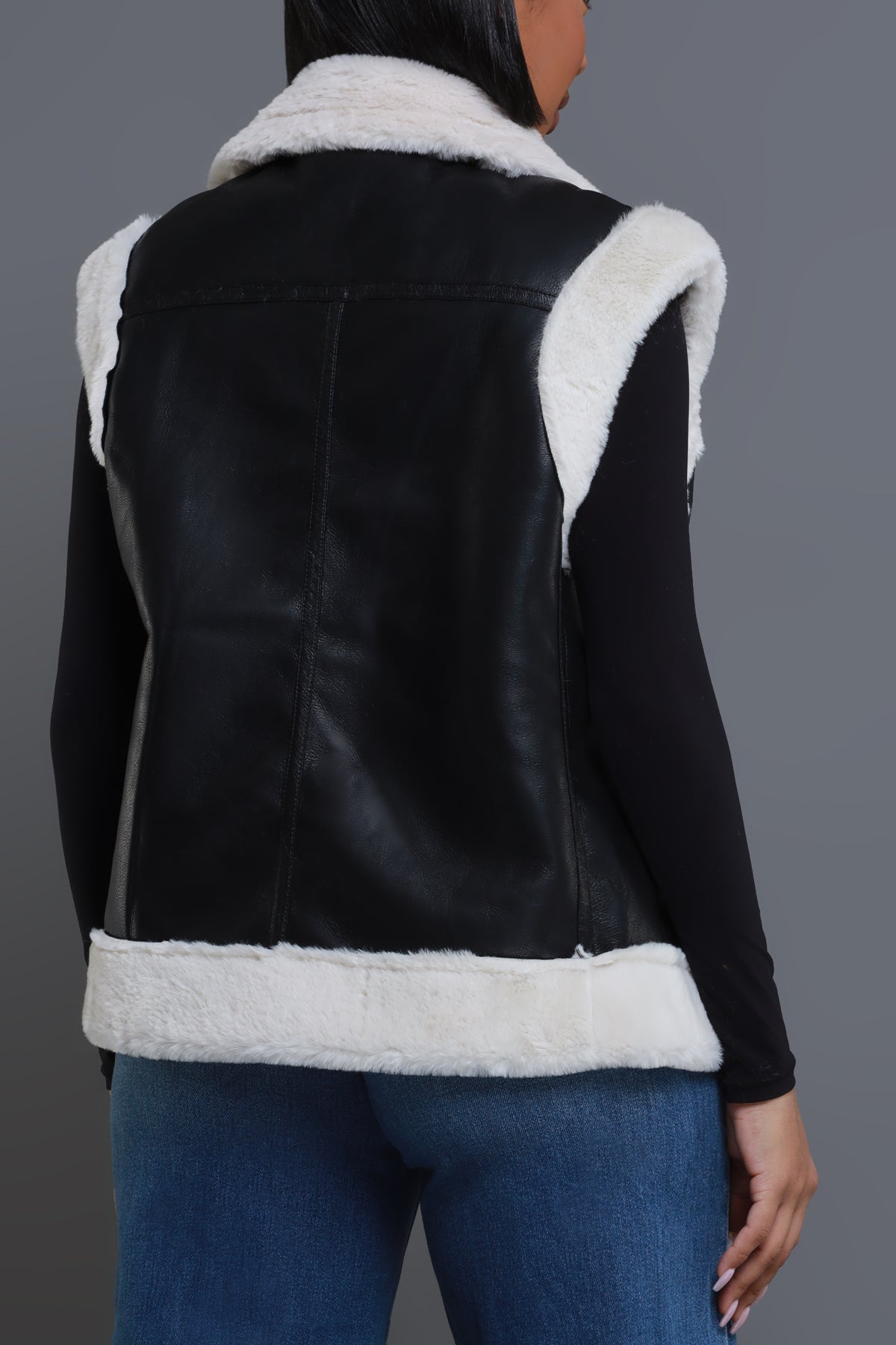 
              Be Quiet Faux Leather Sherpa Vest - Black/Cream - Swank A Posh
            