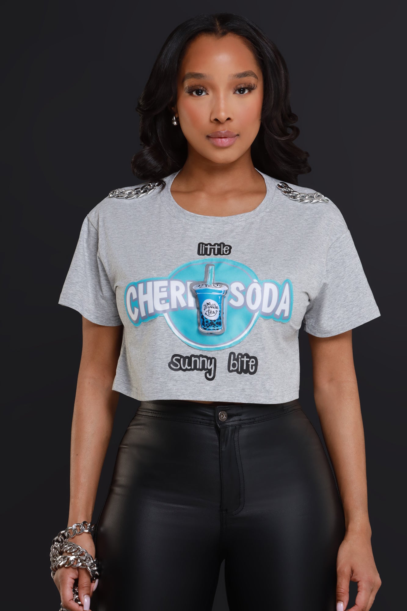 Cherry Soda Embellished Graphic Cropped T-Shirt - Grey