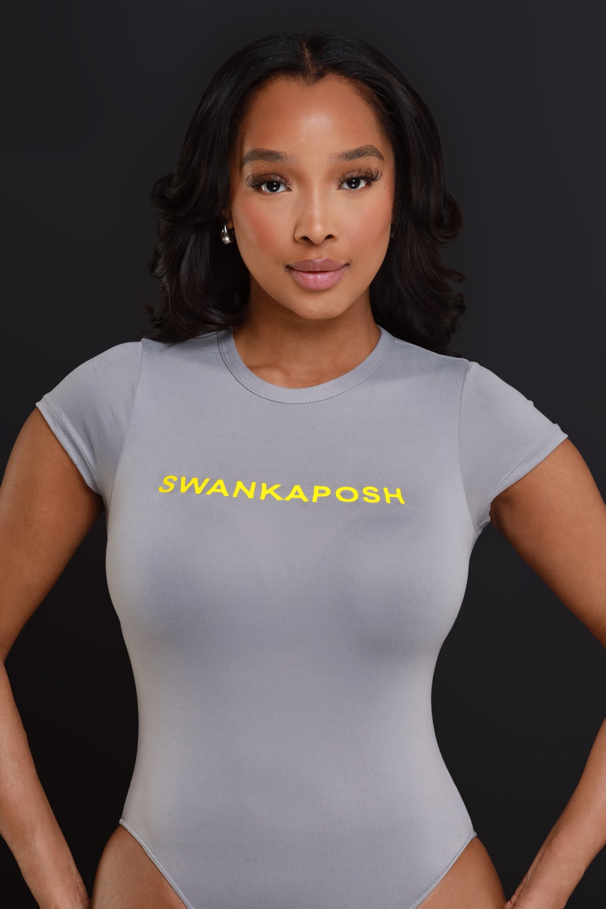 
              Swankaposh Logo Short Sleeve Bodysuit - Grey/Yellow - Swank A Posh
            