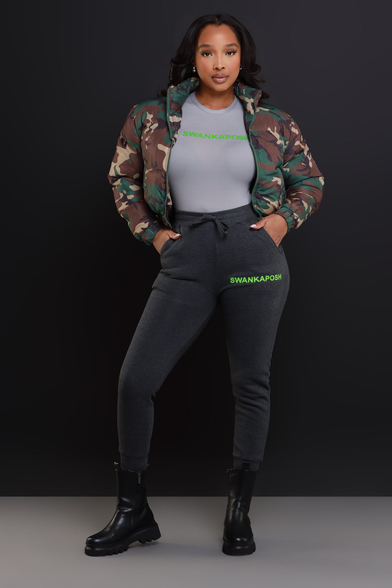 Swankaposh Logo Short Sleeve Bodysuit - Grey/Green - Swank A Posh