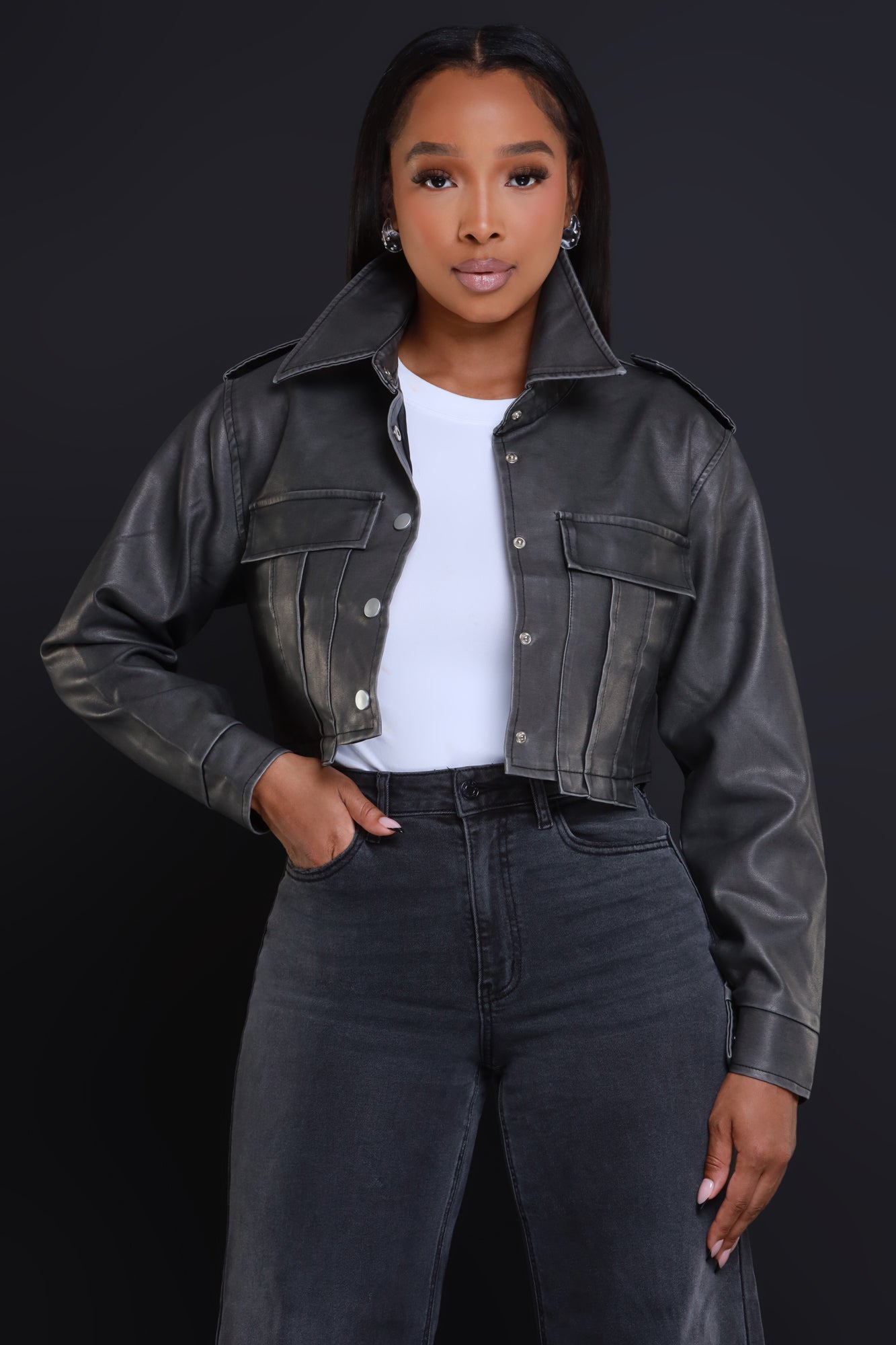 Panic Button Cropped Faux Leather Jacket - Vintage Gunmetal - Swank A Posh