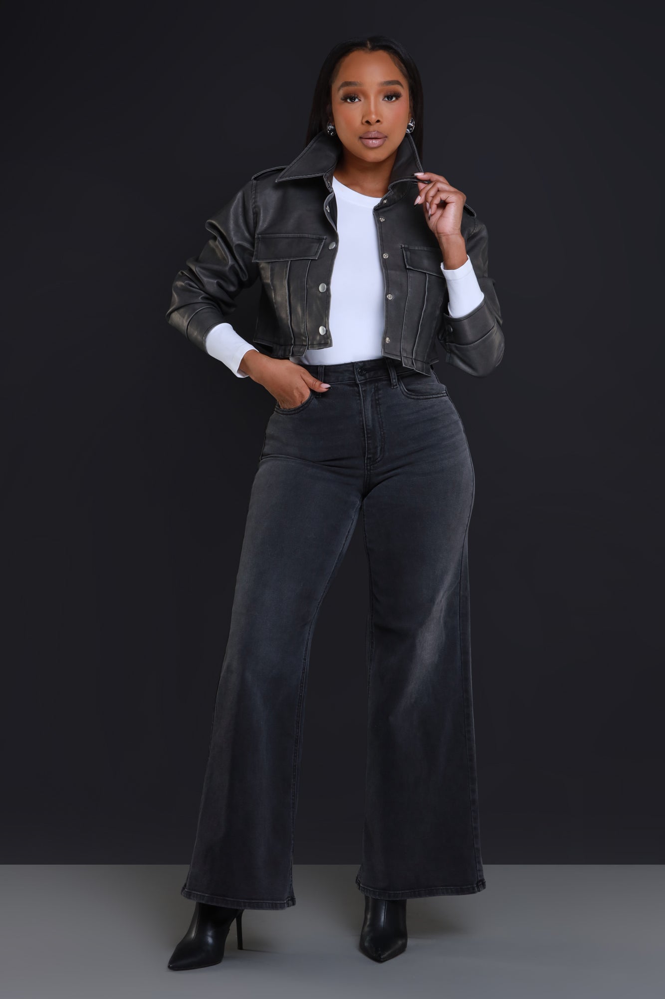 Panic Button Cropped Faux Leather Jacket - Vintage Gunmetal - Swank A Posh