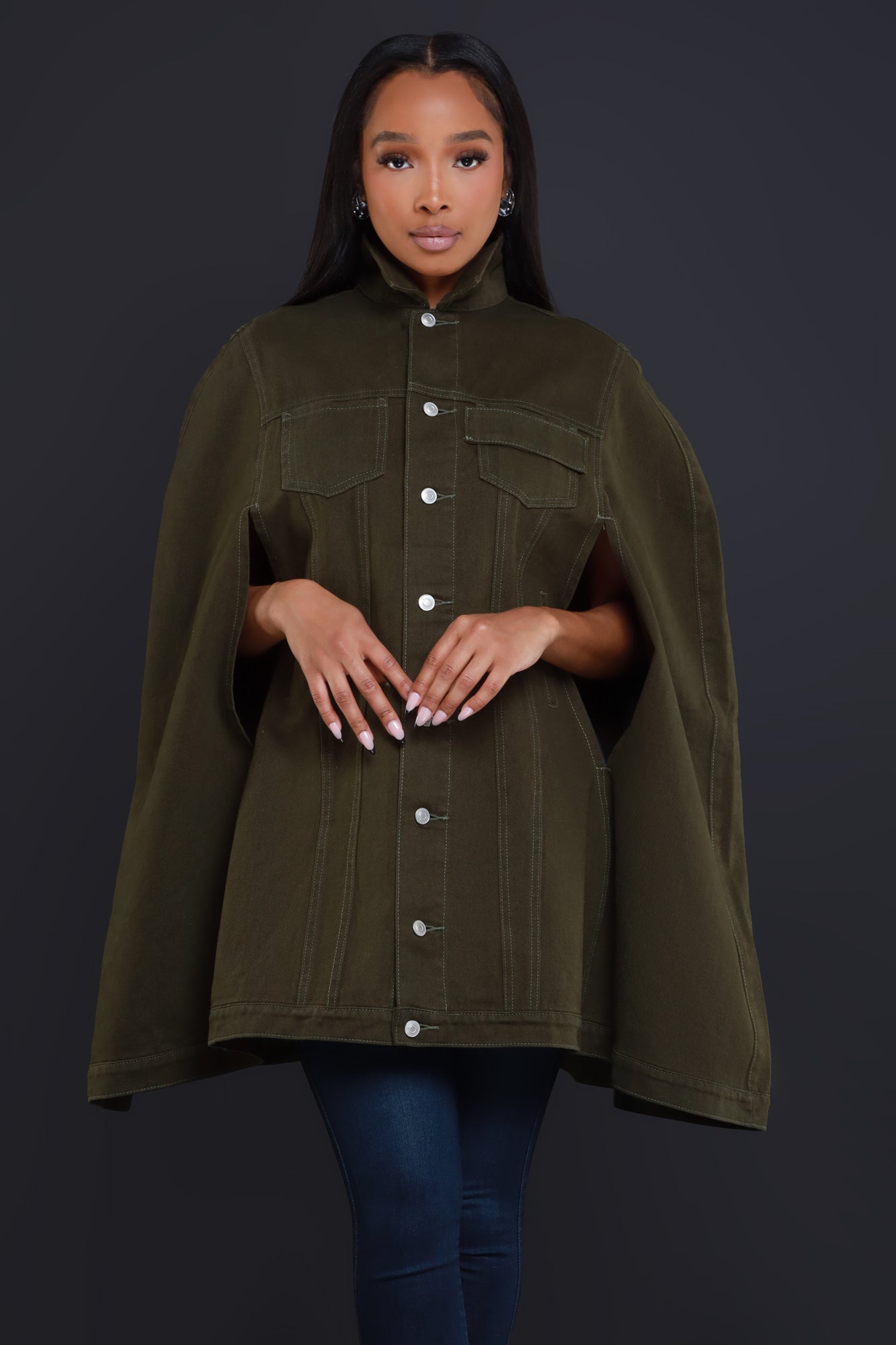 Well Wisher Button Up Denim Poncho - Olive - Swank A Posh