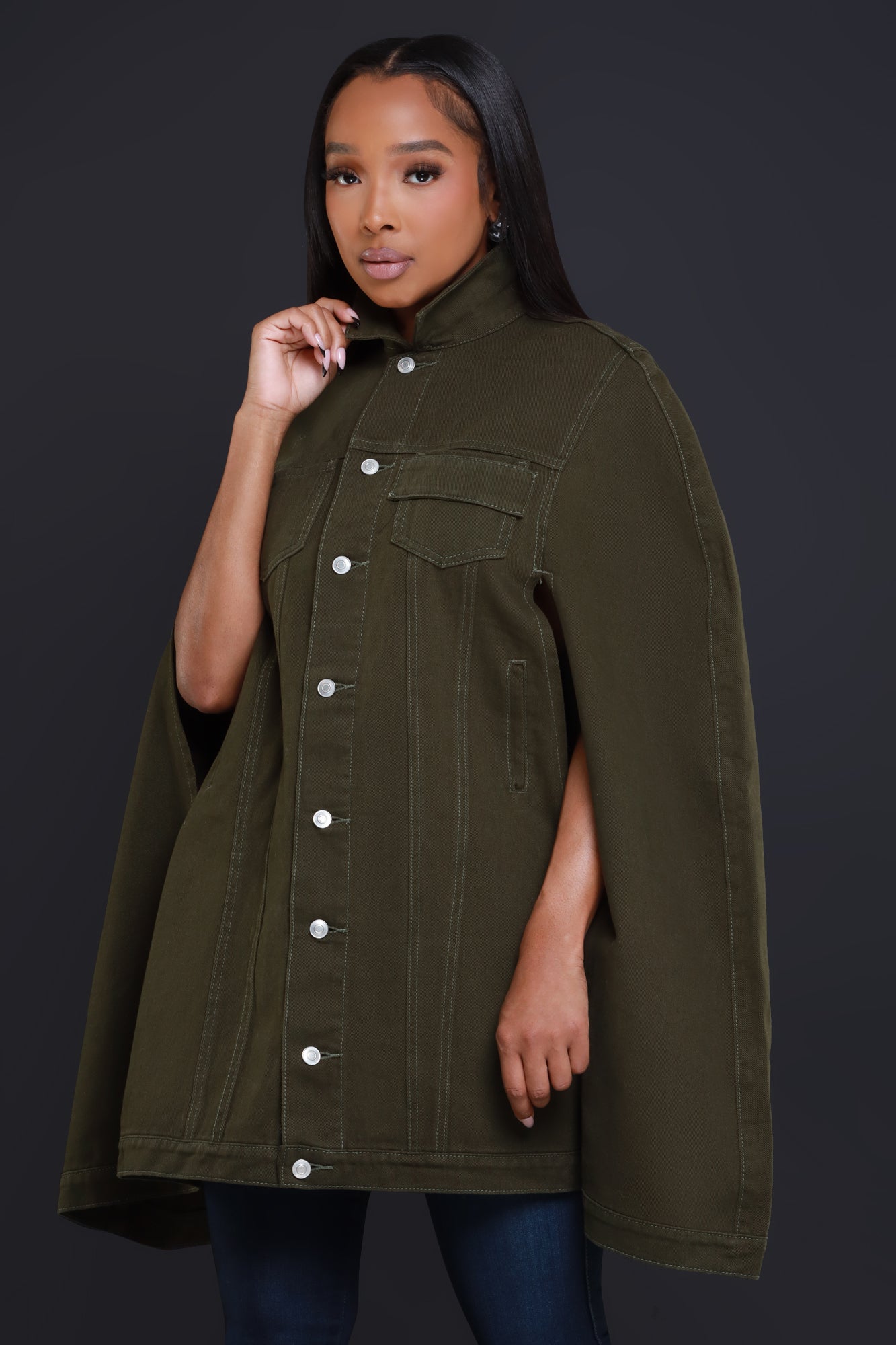 Well Wisher Button Up Denim Poncho - Olive - Swank A Posh