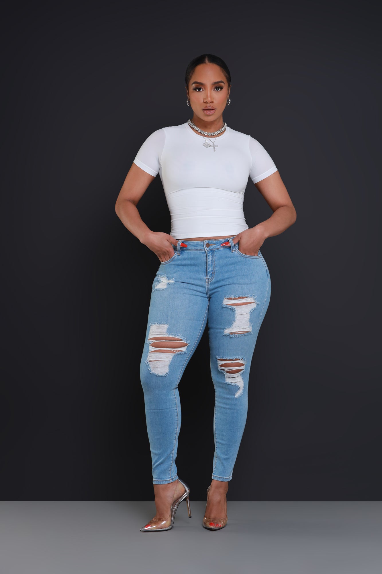 Not With You Hourglass Distressed Skinny Jeans - Light Wash - Swank A Posh