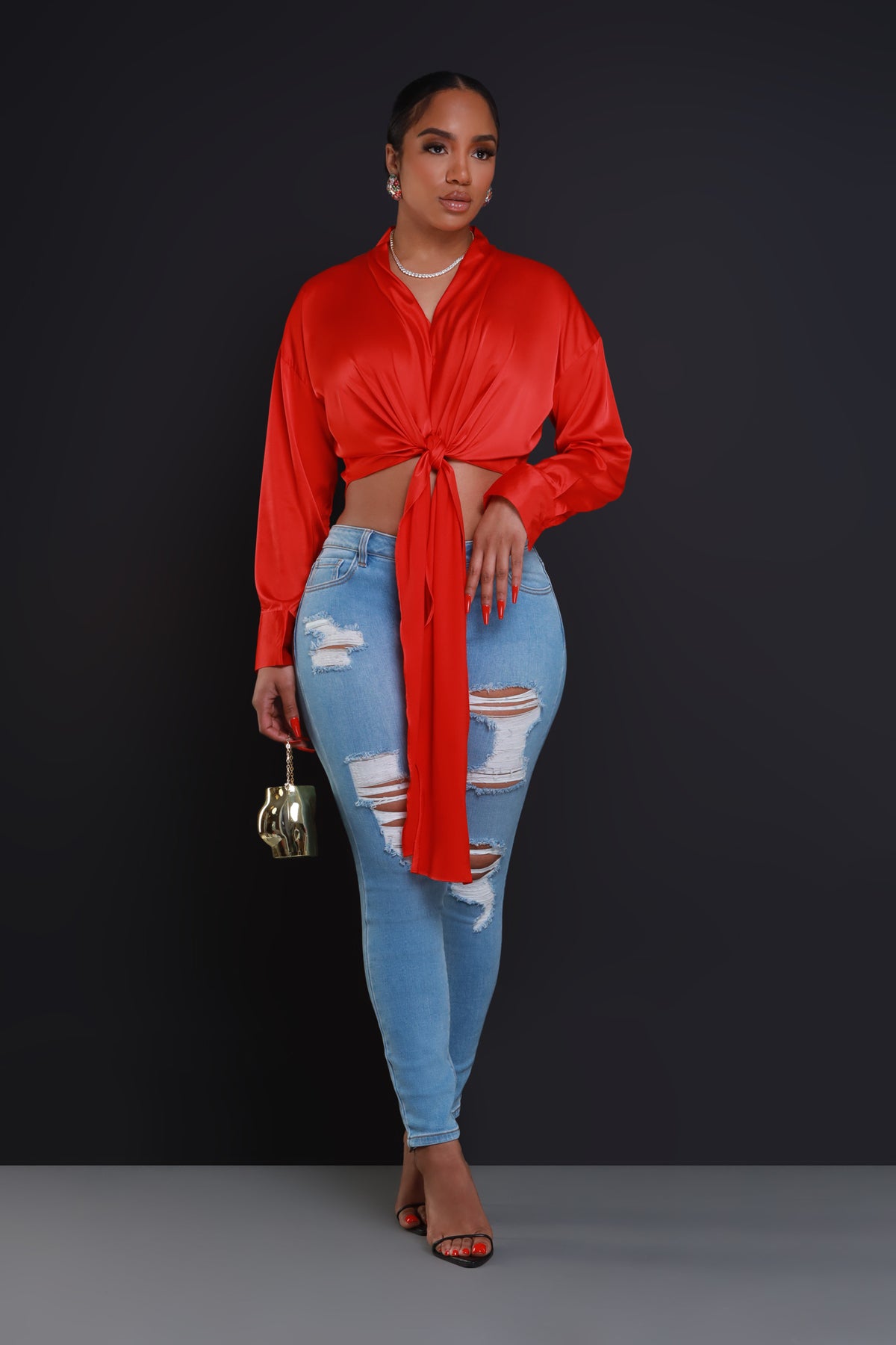 
              Above The Law Satin Tie Up Blouse - Red - Swank A Posh
            