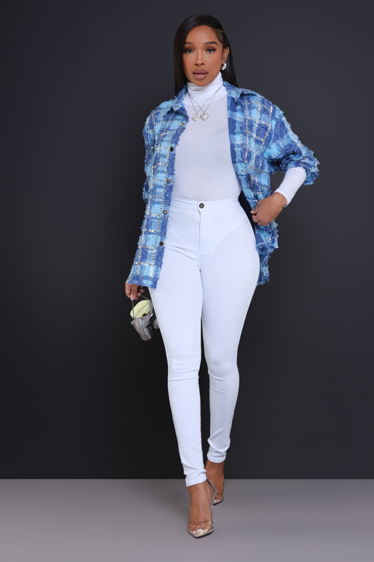 
              Come Up Oversized Embellished Button Down Top - Blue - Swank A Posh
            