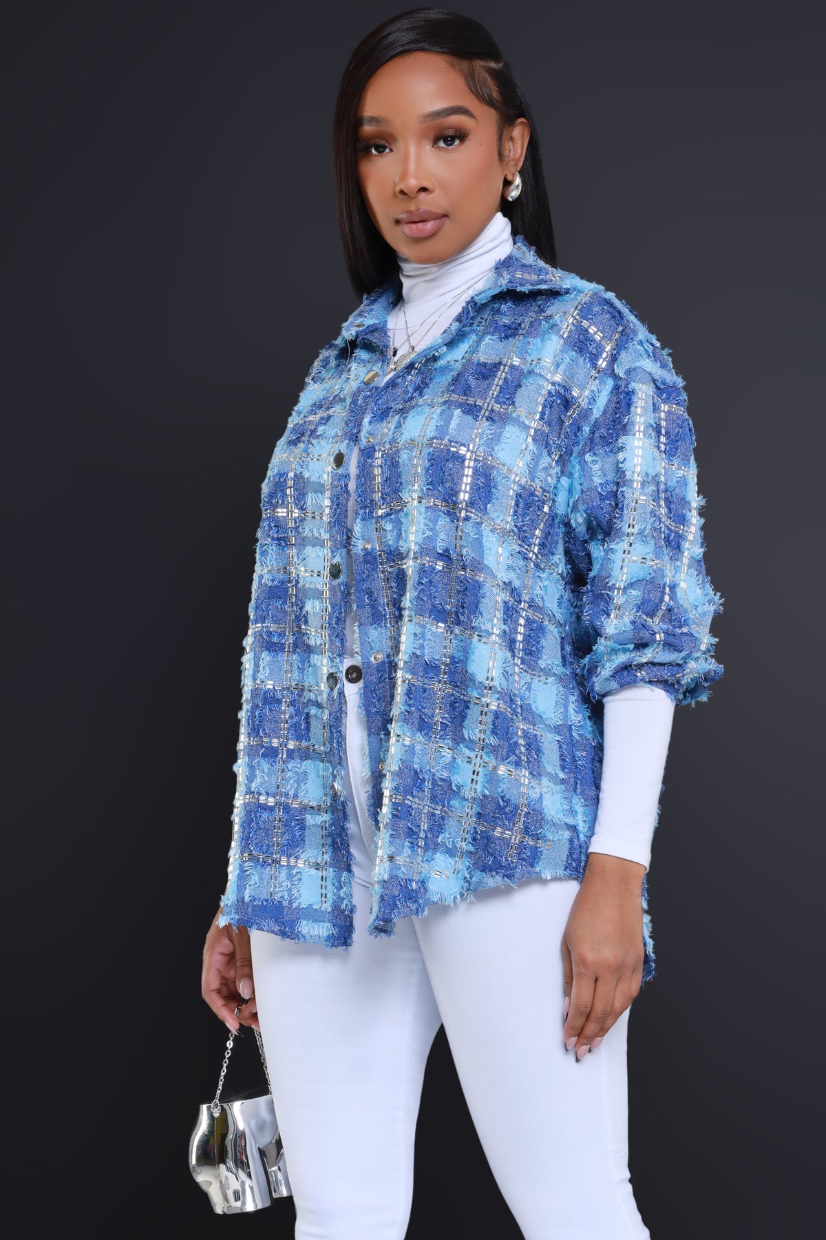 
              Come Up Oversized Embellished Button Down Top - Blue - Swank A Posh
            