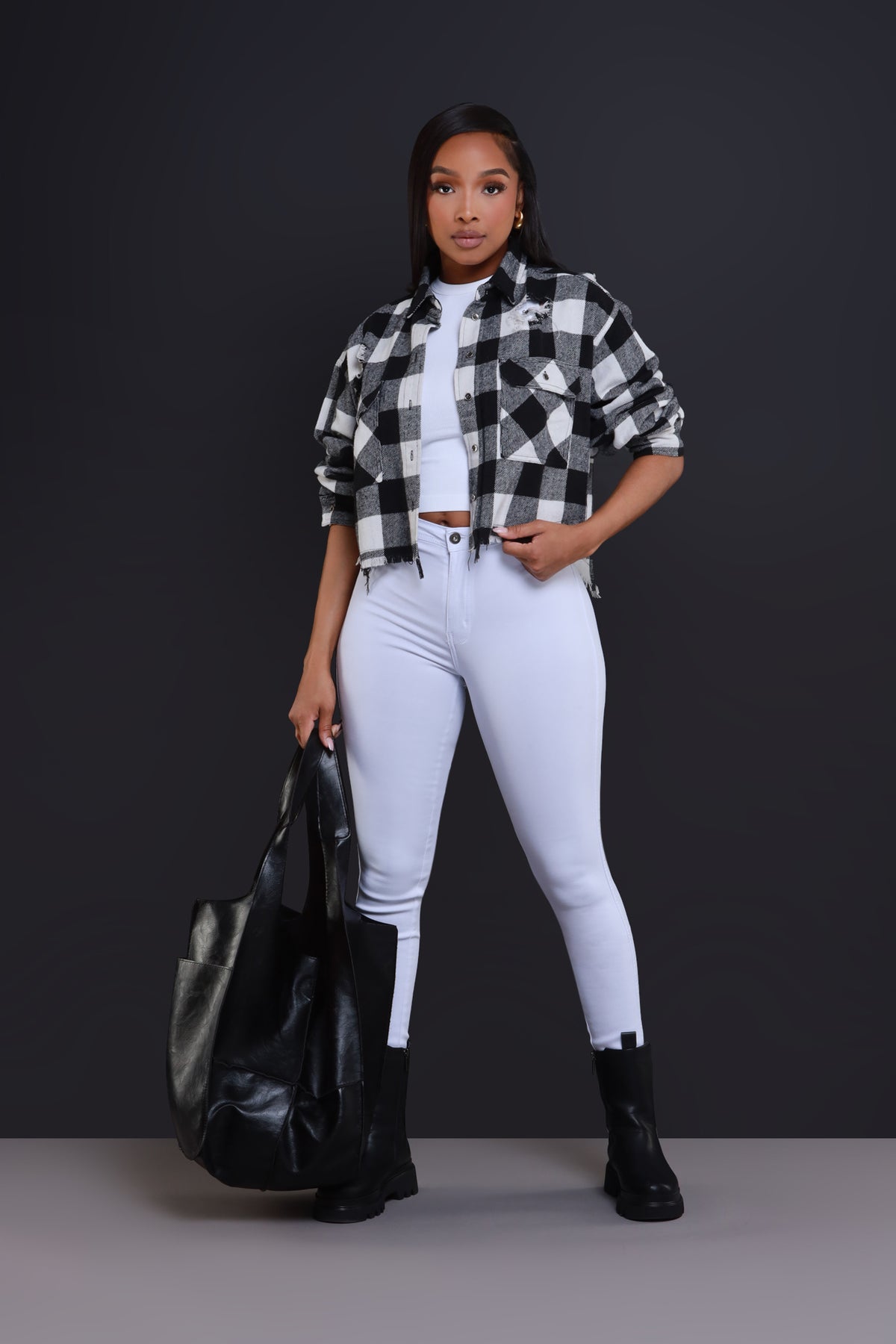 
              Wish You Were Here Cropped Flannel Button Up - White/Black - Swank A Posh
            