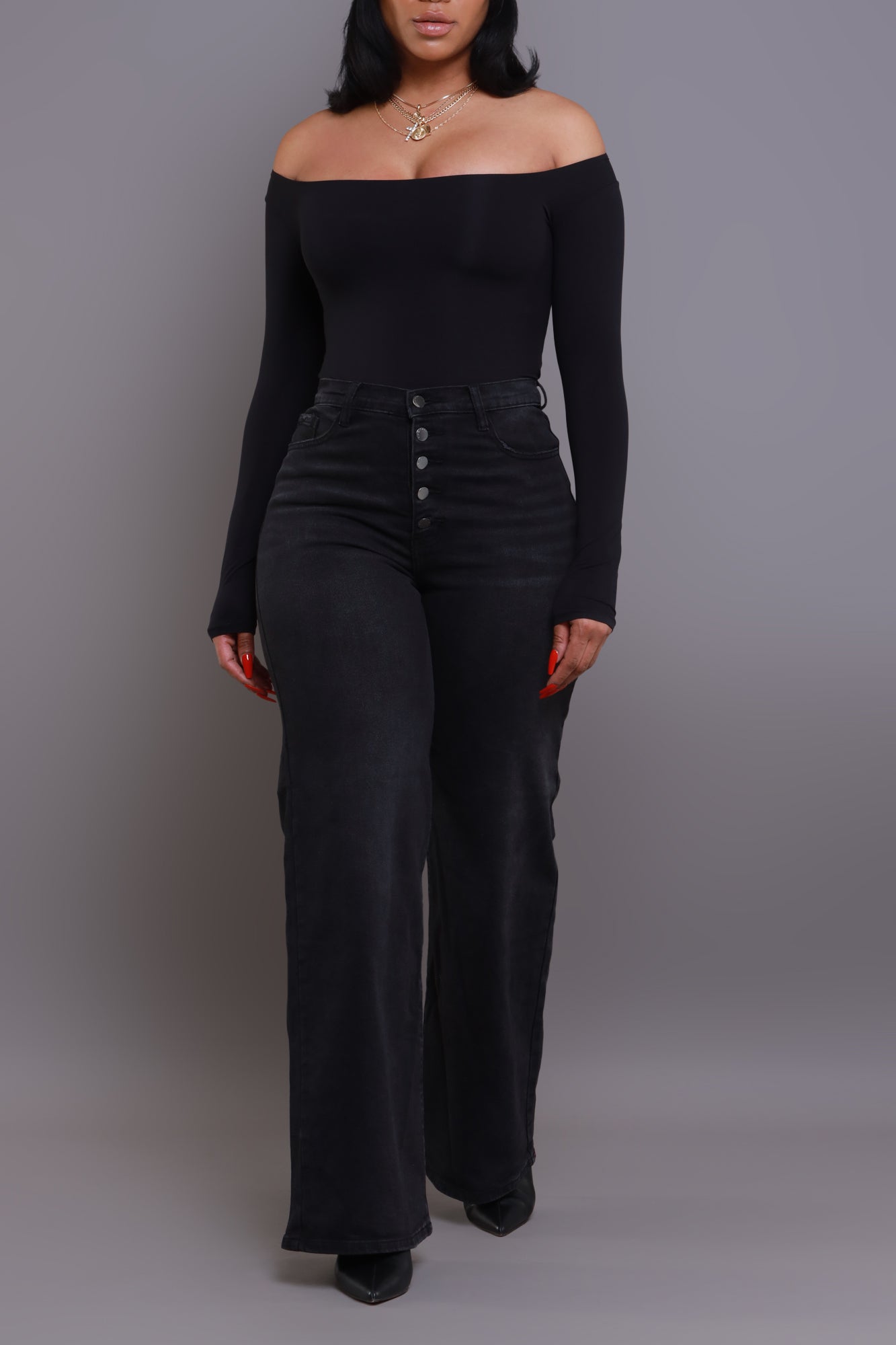 Pipe Down Button Down Wide Leg Jeans - Black