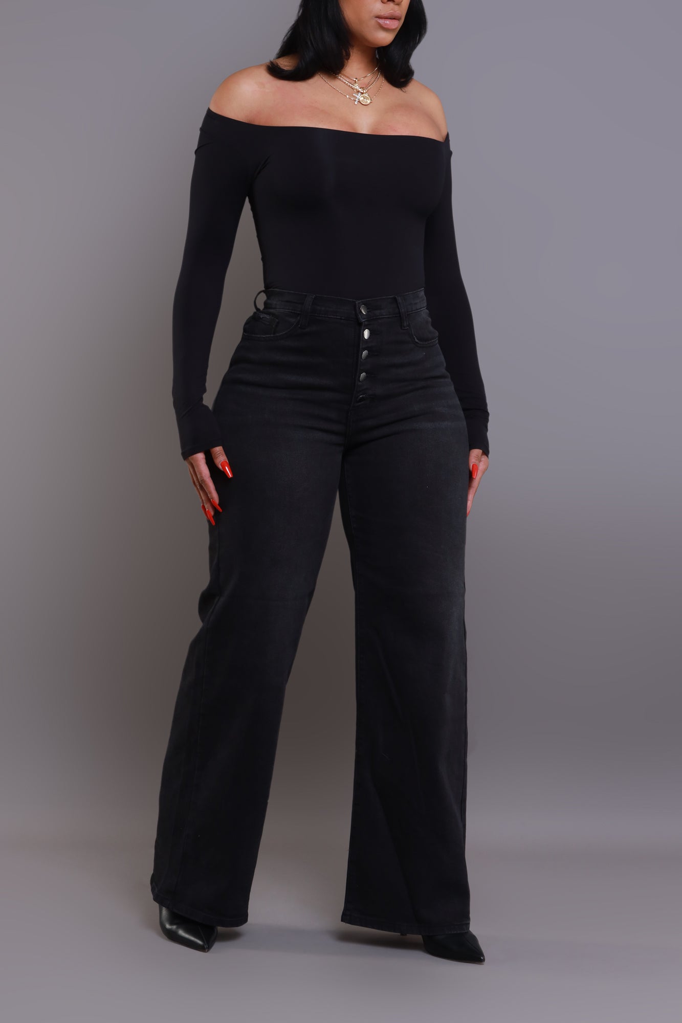 Pipe Down Button Down Wide Leg Jeans - Black