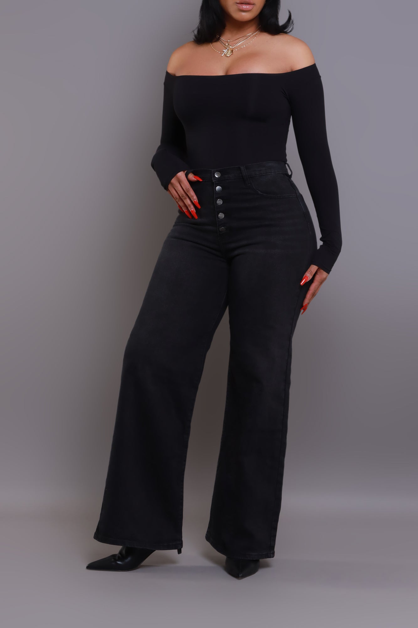 Vibrant Black High Rise Crossover Waist Flare Jeans