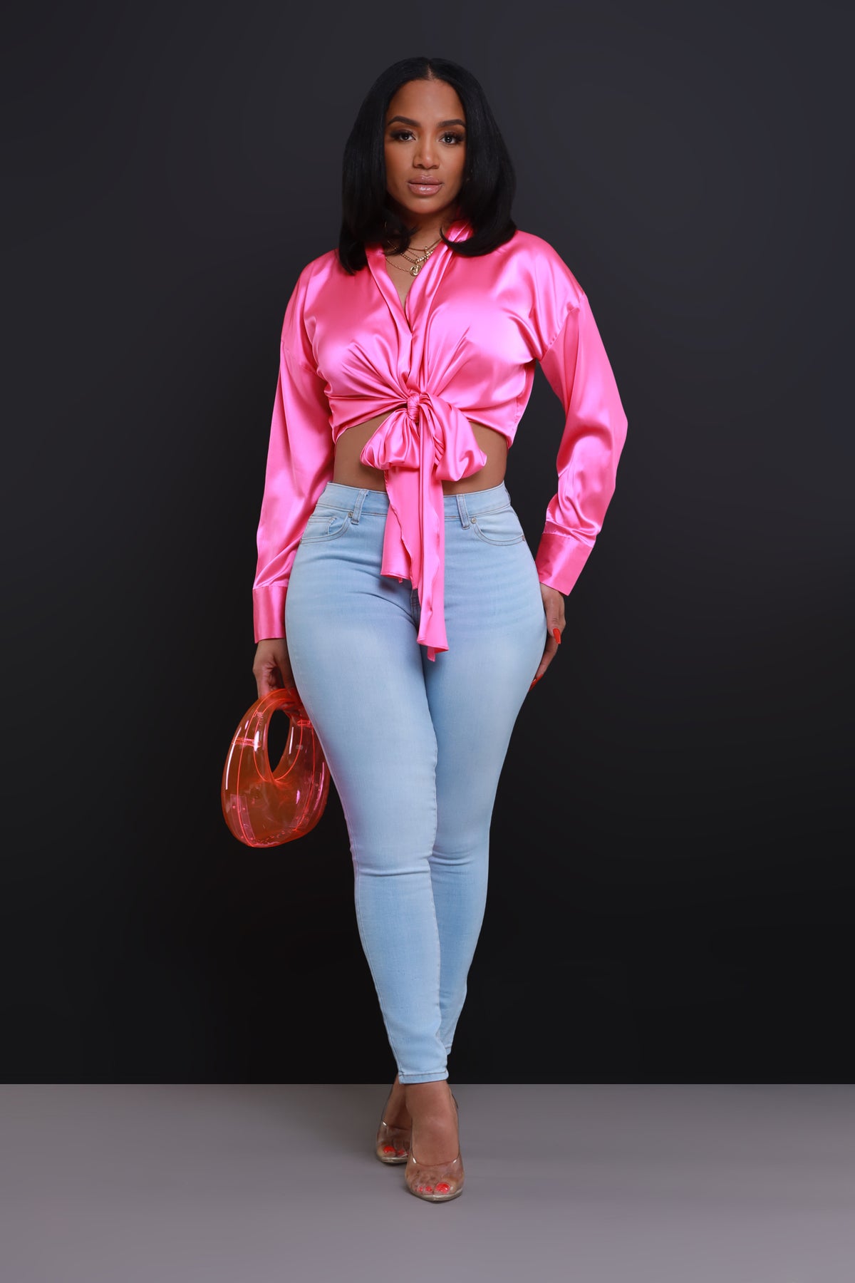 
              Above The Law Satin Tie Up Blouse - Pink - Swank A Posh
            