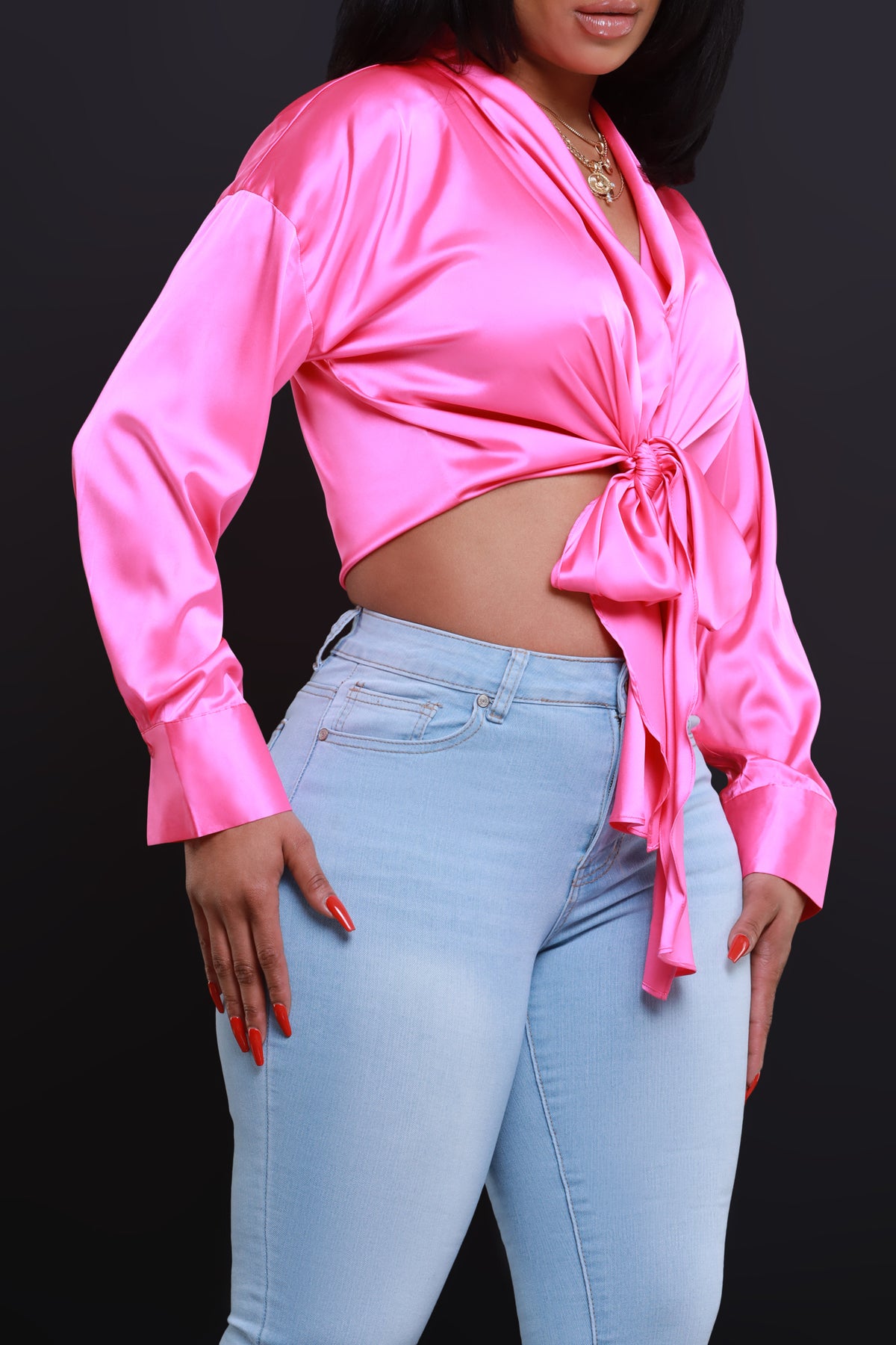 
              Above The Law Satin Tie Up Blouse - Pink - Swank A Posh
            