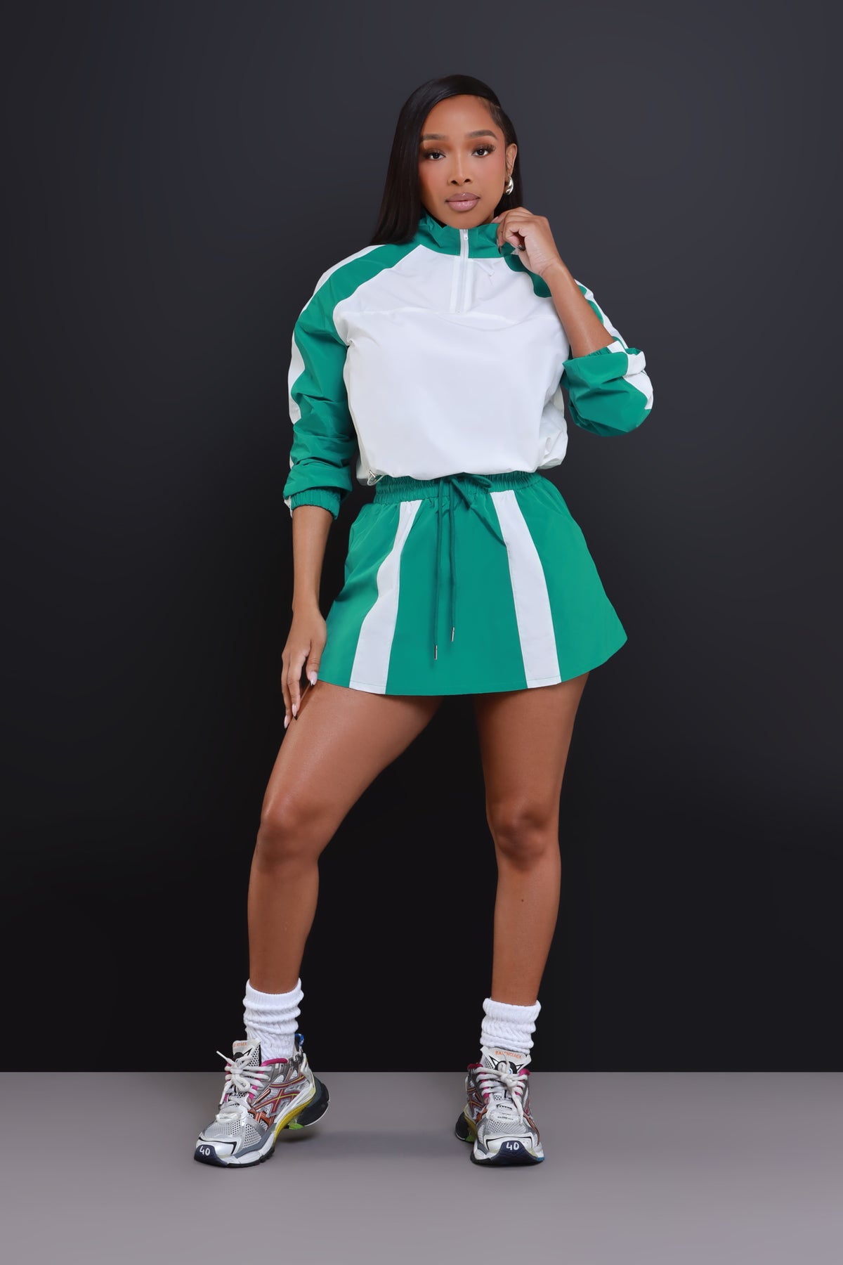 
              In The Mix Windbreaker Skirt Set - Green/White - Swank A Posh
            