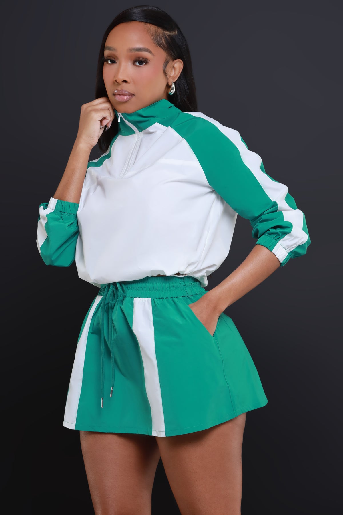 
              In The Mix Windbreaker Skirt Set - Green/White - Swank A Posh
            