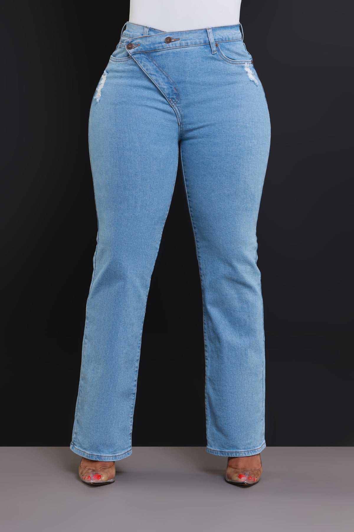 
              Take The Call High Rise Asymmetrical Bootcut Jeans - Light Wash - Swank A Posh
            