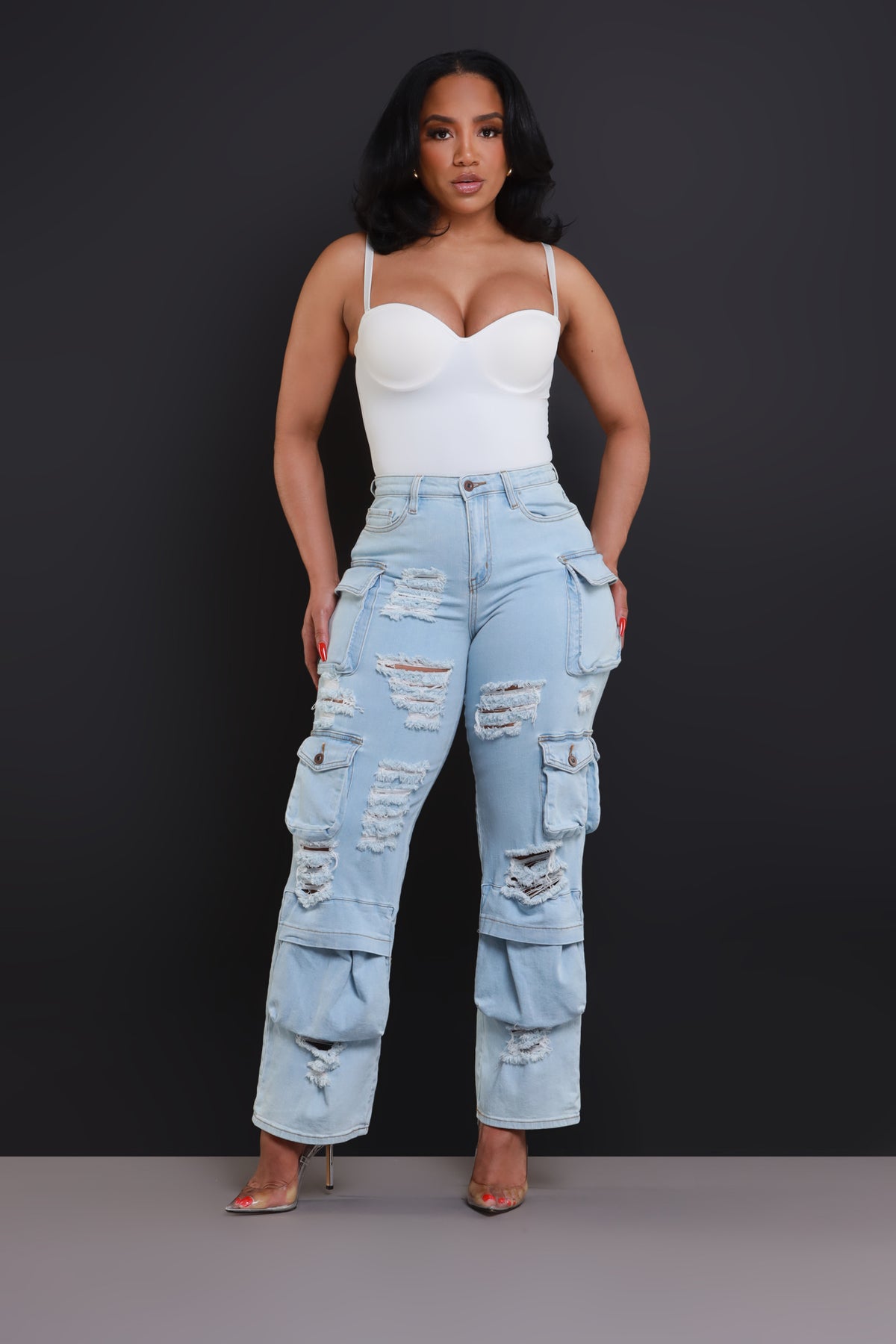 
              All Facts Distressed Cargo Pants - Light Wash - Swank A Posh
            