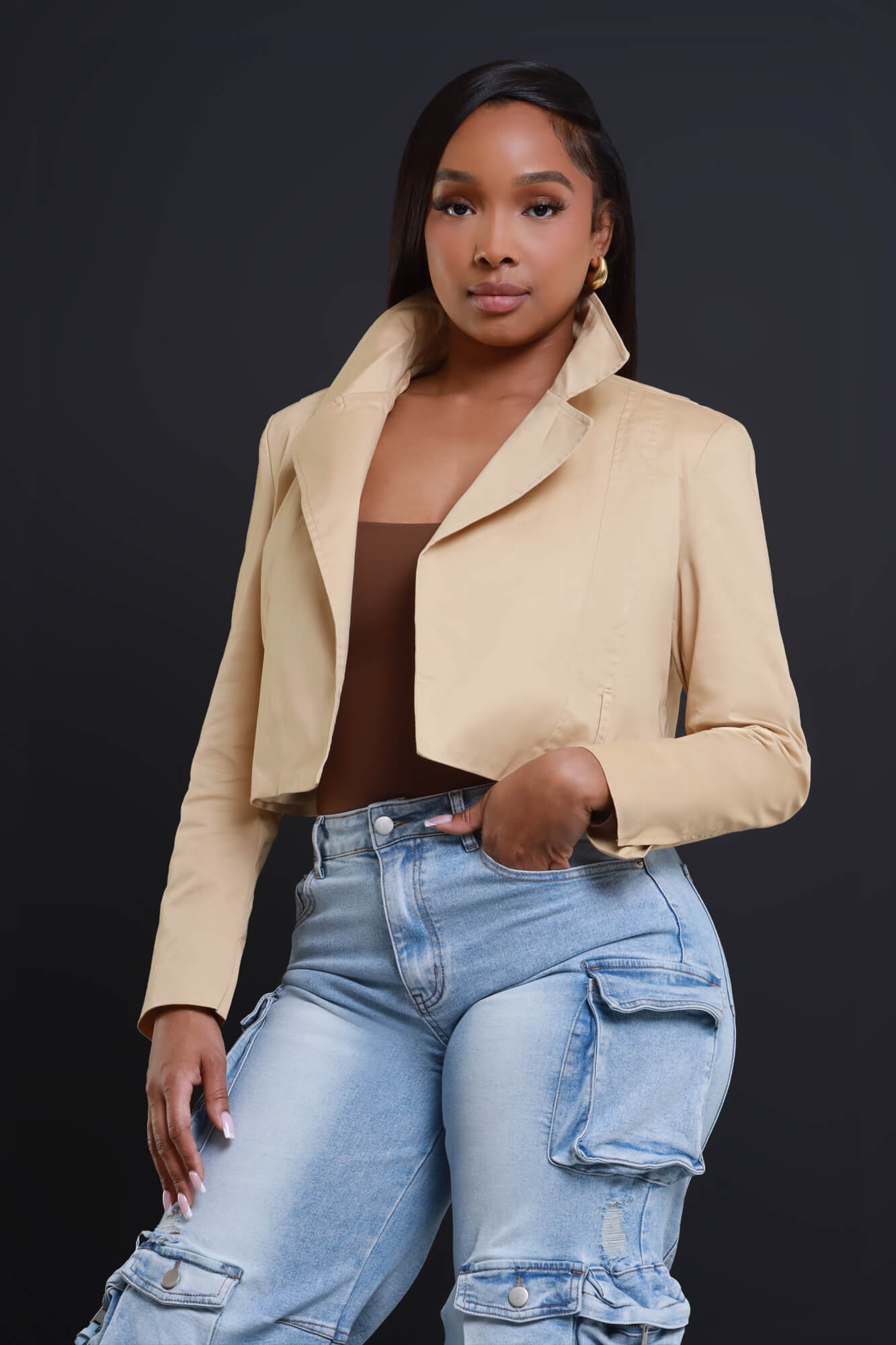 Excite Me Cropped Open Blazer - Taupe - Swank A Posh