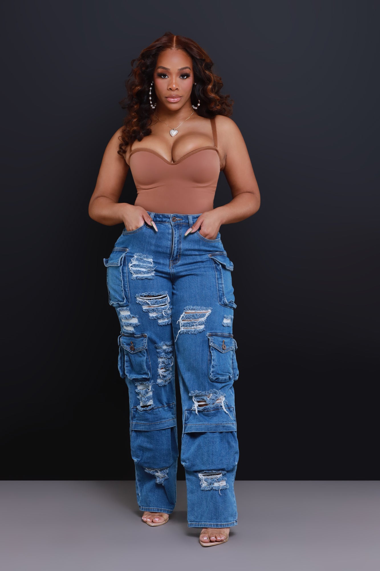 All Facts Distressed Cargo Pants - Medium Wash - Swank A Posh