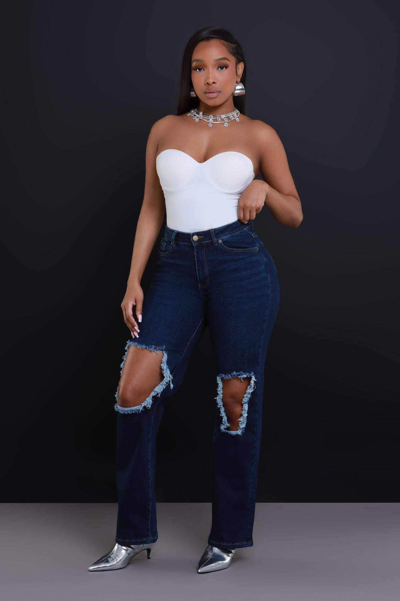 Back It Up High Rise Hourglass Distressed Jeans - Dark Wash - Swank A Posh