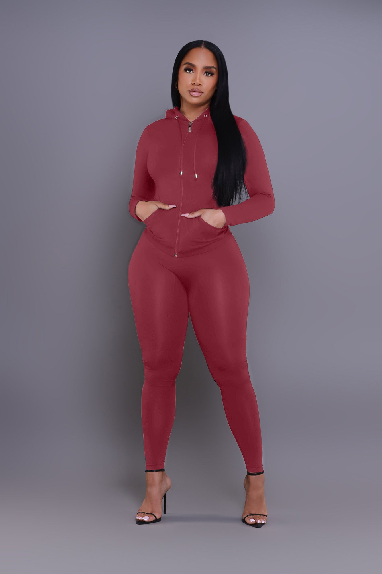Just Vibing Seamless Zip Up Legging Set - Burgundy - Swank A Posh