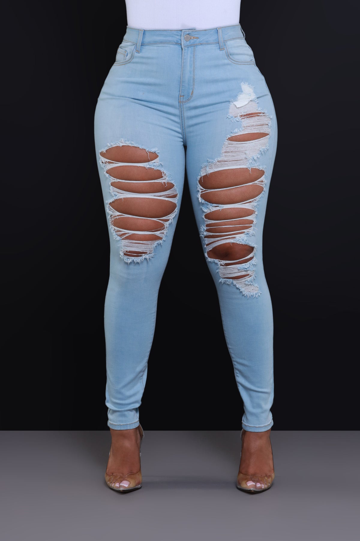 
              Headspace Mid Rise Hourglass Distressed Skinny Jeans - Light Wash - Swank A Posh
            