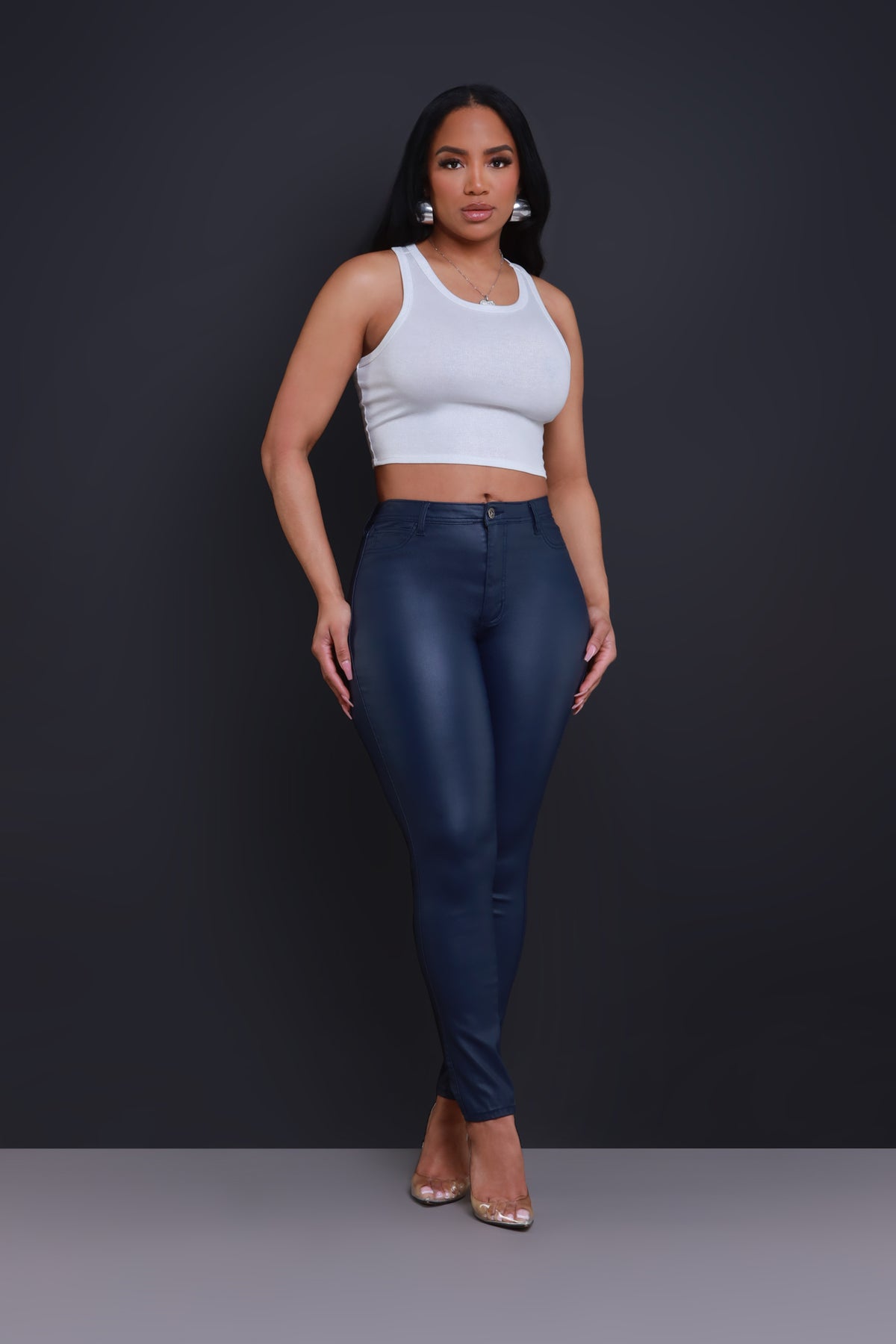 
              Curve You Faux Leather High Rise Pants - Navy - Swank A Posh
            
