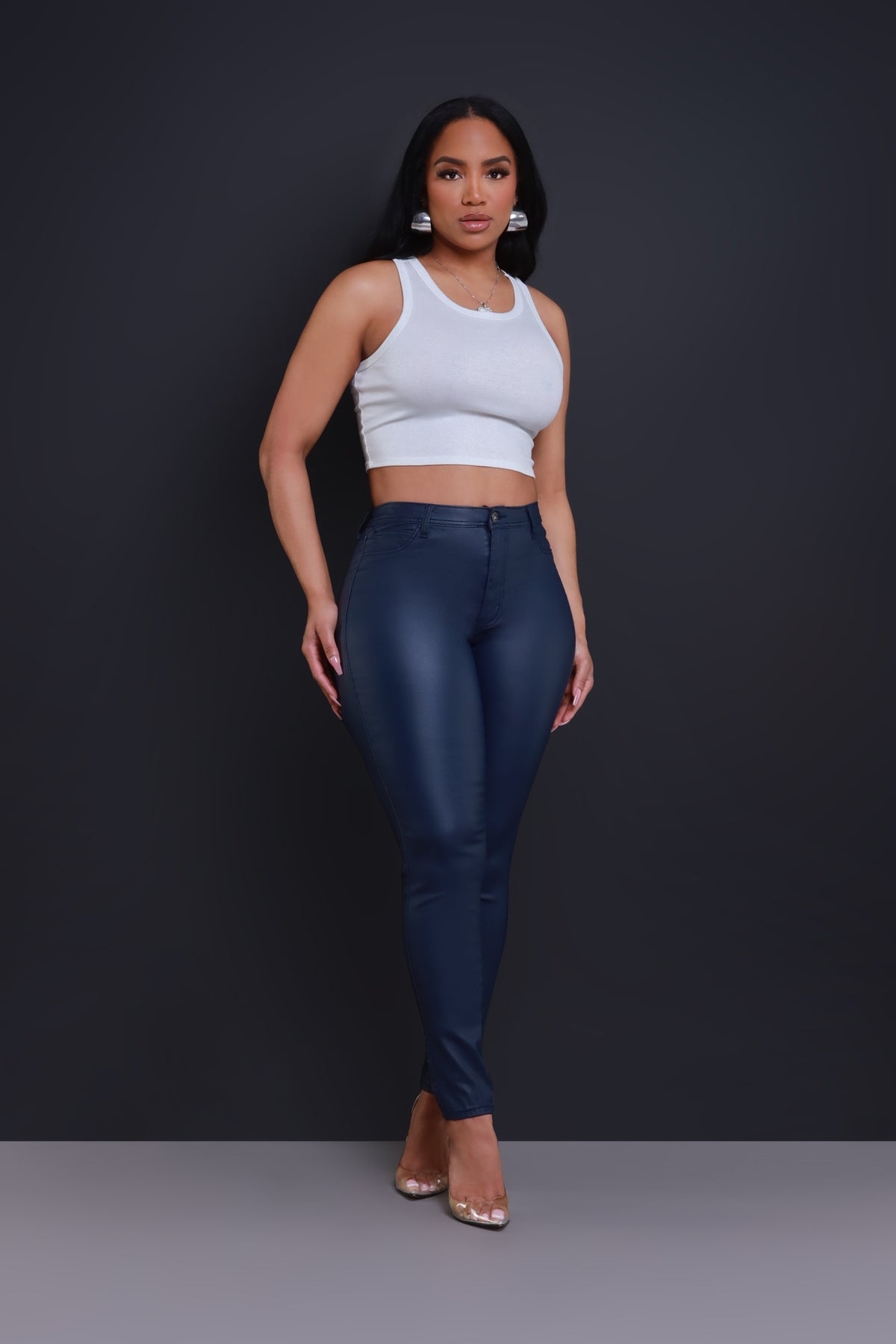 
              Curve You Faux Leather High Rise Pants - Navy - Swank A Posh
            