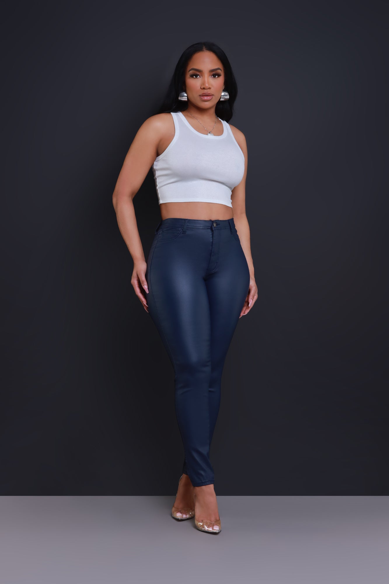 Curve You Faux Leather High Rise Pants - Navy - Swank A Posh