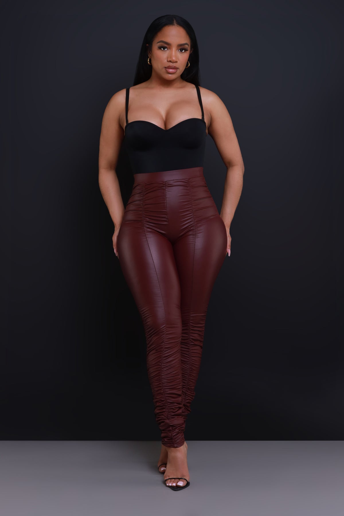 
              Be Honest Ruched High Waist Pants - Burgundy Faux Leather Leggings - Swank A Posh
            