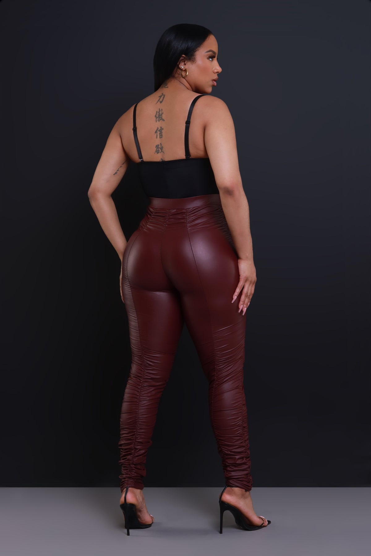 
              Be Honest Ruched High Waist Pants - Burgundy Faux Leather Leggings - Swank A Posh
            