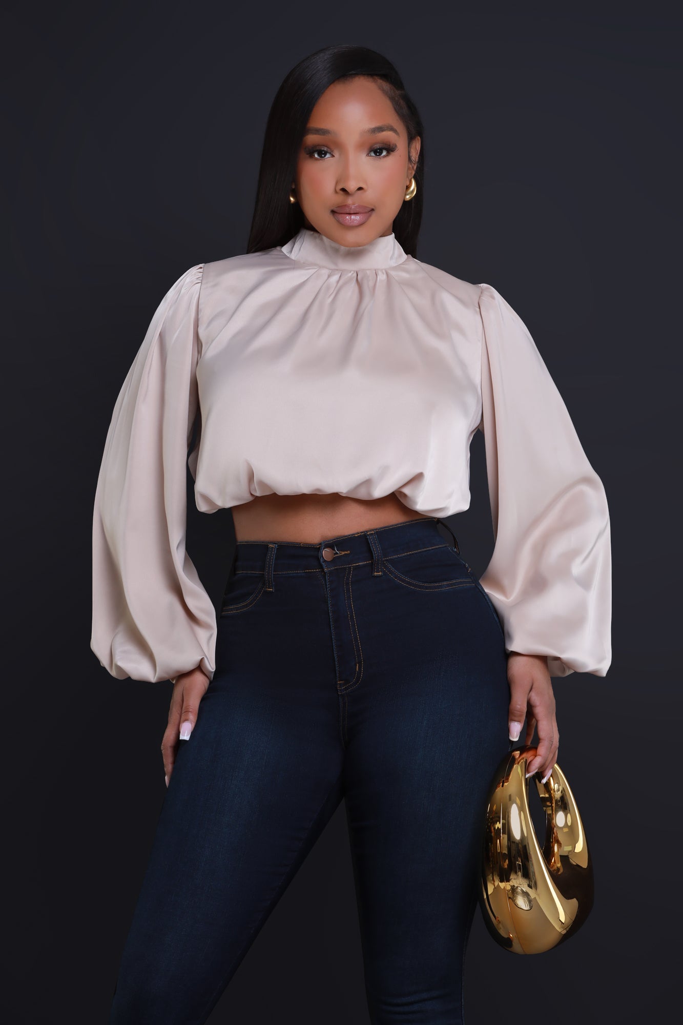 Your Majesty Mock Neck Blouse - Taupe - Swank A Posh