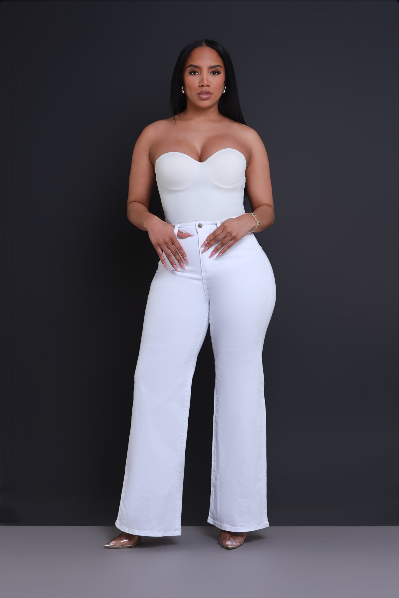 Let's Meet High Rise Wide Flare Jeans - White - Swank A Posh