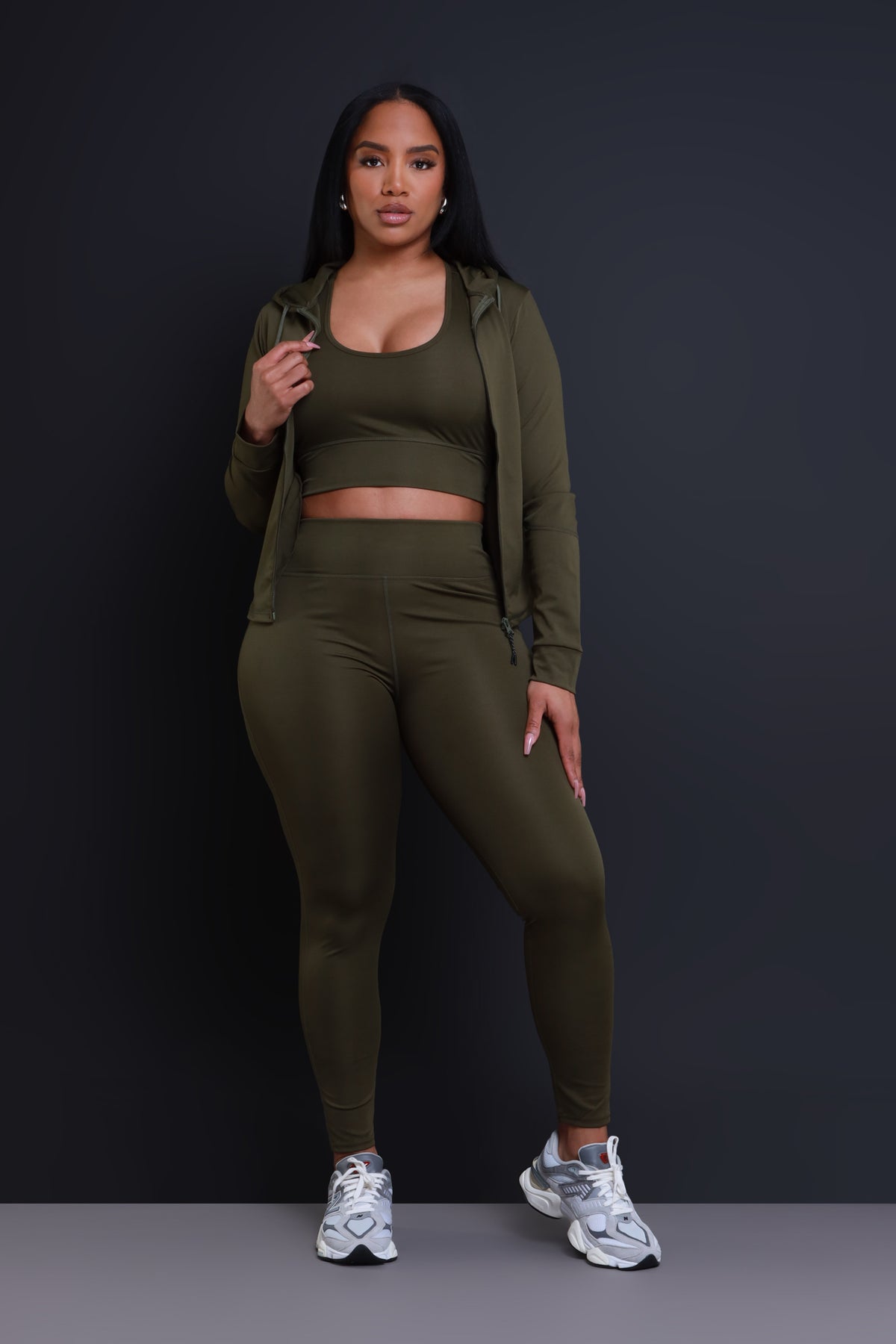 
              Spill The Tea Three Piece Cropped Athletic Set - Olive - Swank A Posh
            